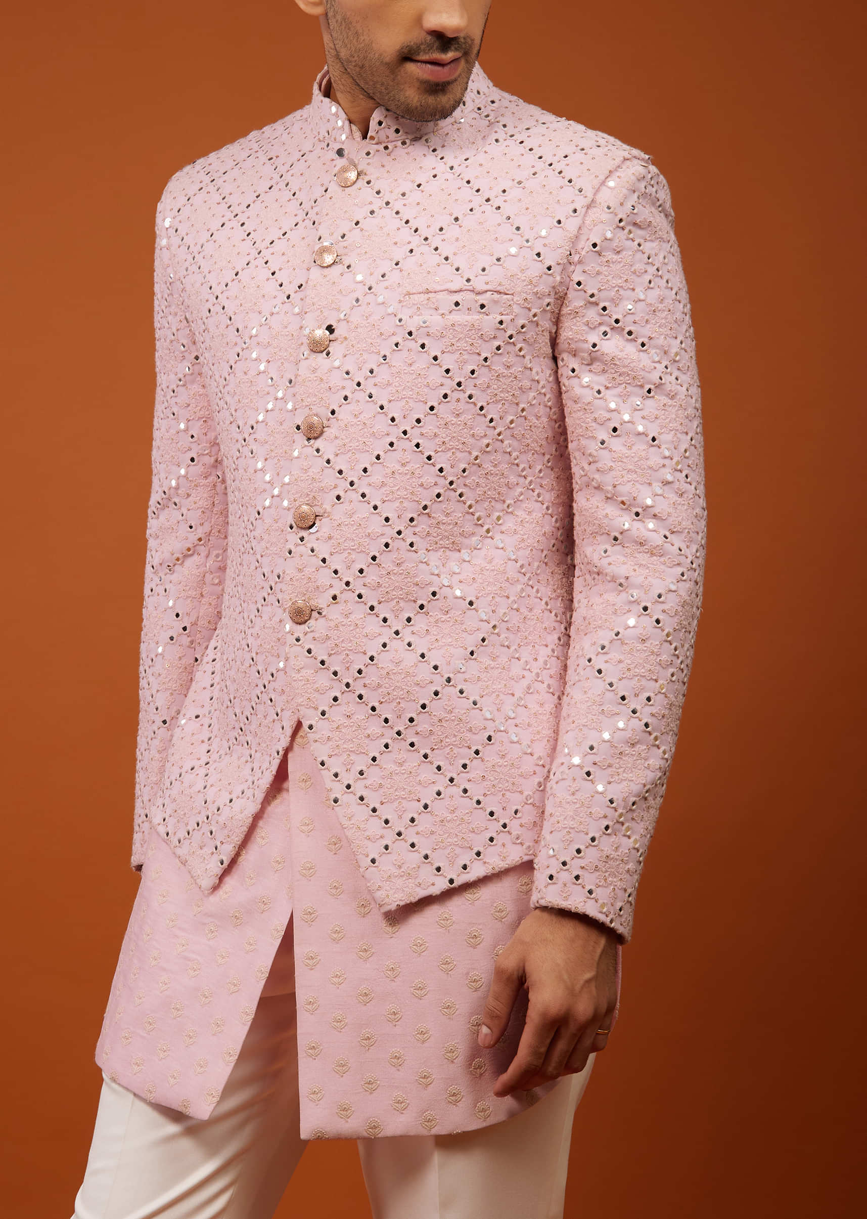 Powder Pink Embroidered Indo-Western Bandi Set In Georgette