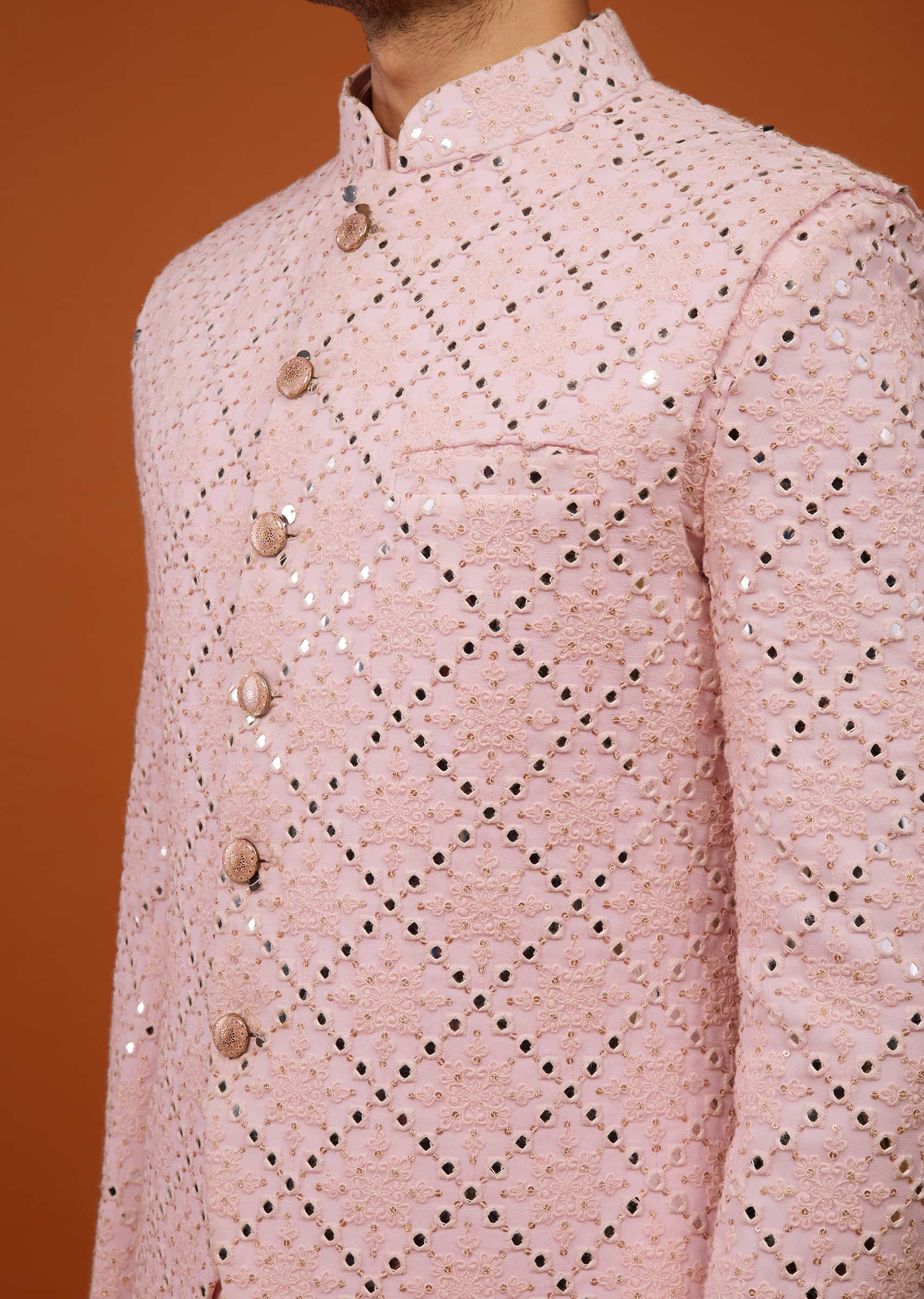 Powder Pink Embroidered Indo-Western Bandi Set In Georgette