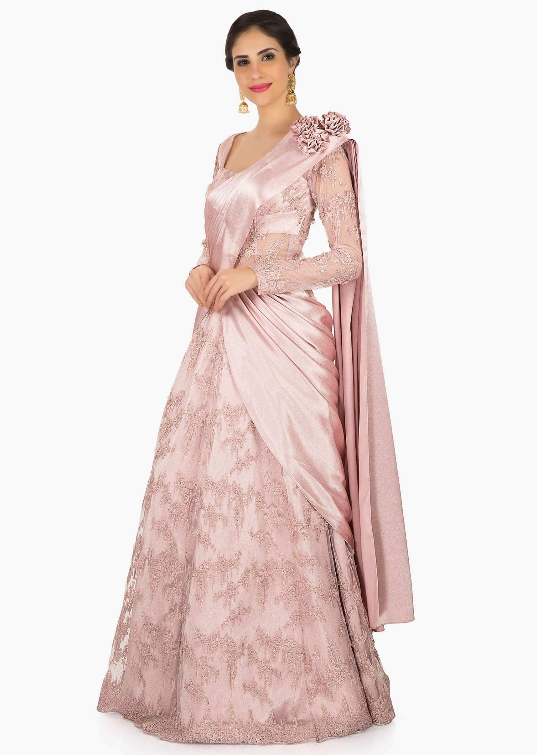 Pink Gown In Embroidered Net With Beautiful Cowl Drape Online - Kalki Fashion