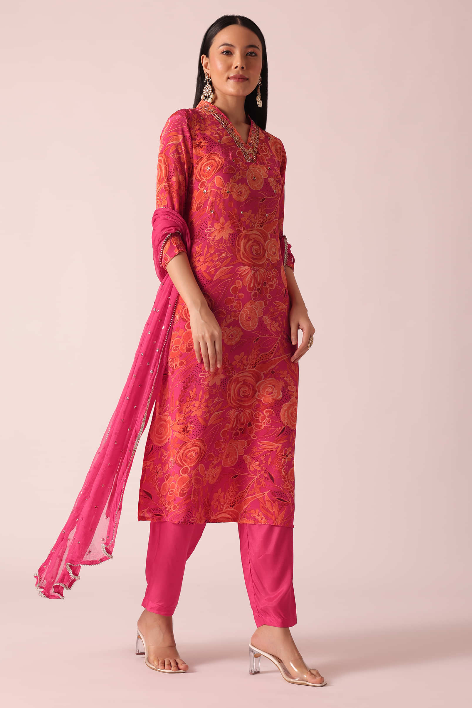 Buy Pink Floral Print Kurta Set With Hand Embroidery