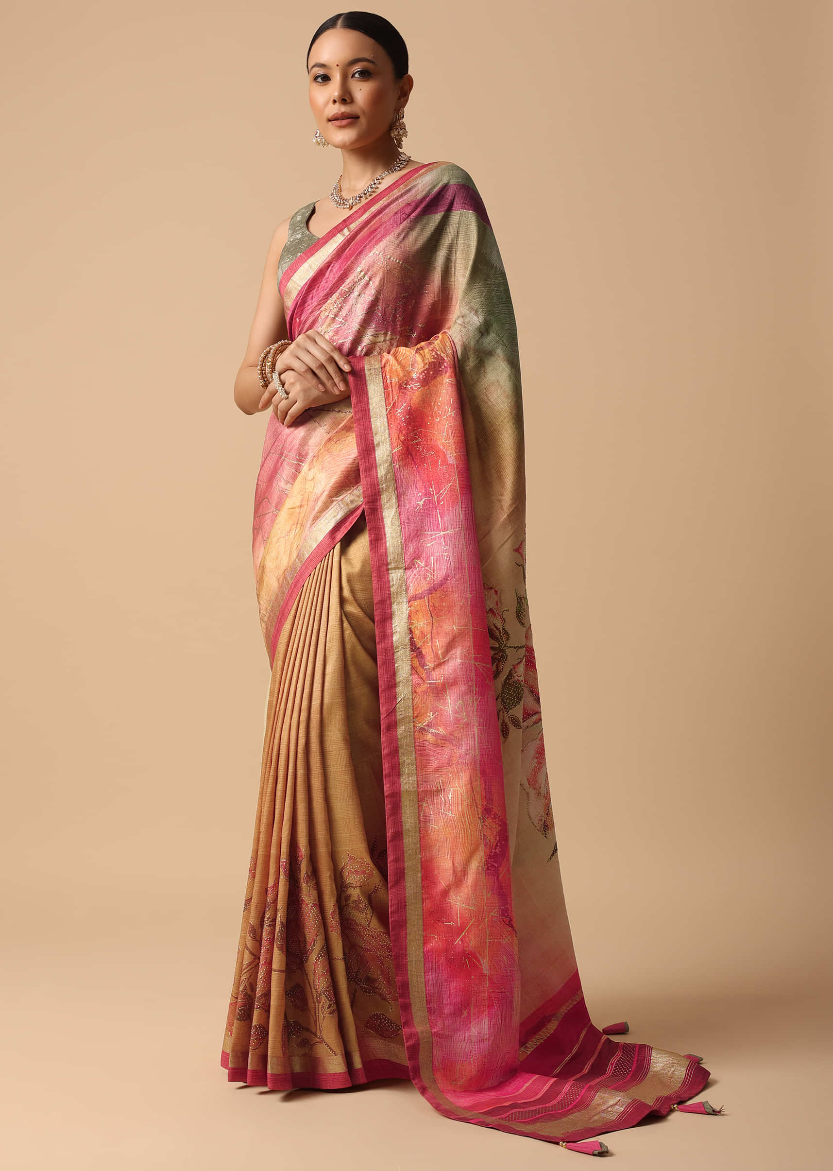 Onion Pink Sheer Saree With Floral stone studded And Unstitched Blouse Piece