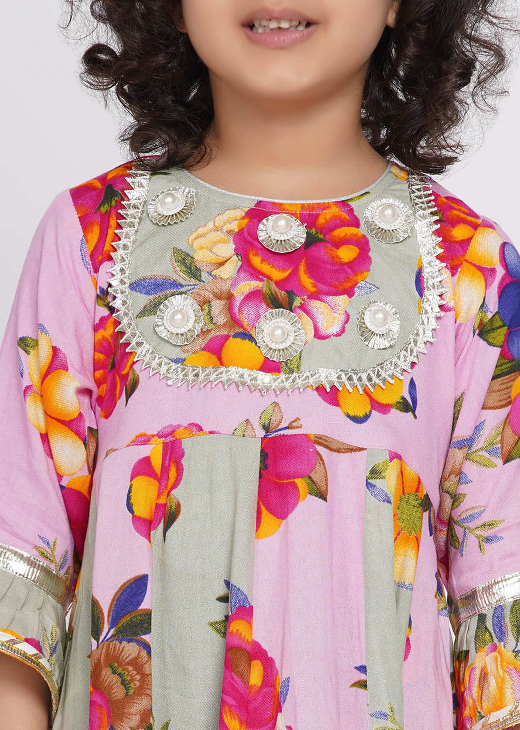 Kalki Girls Pink Floral Suit WIth Kali And Pearl Work