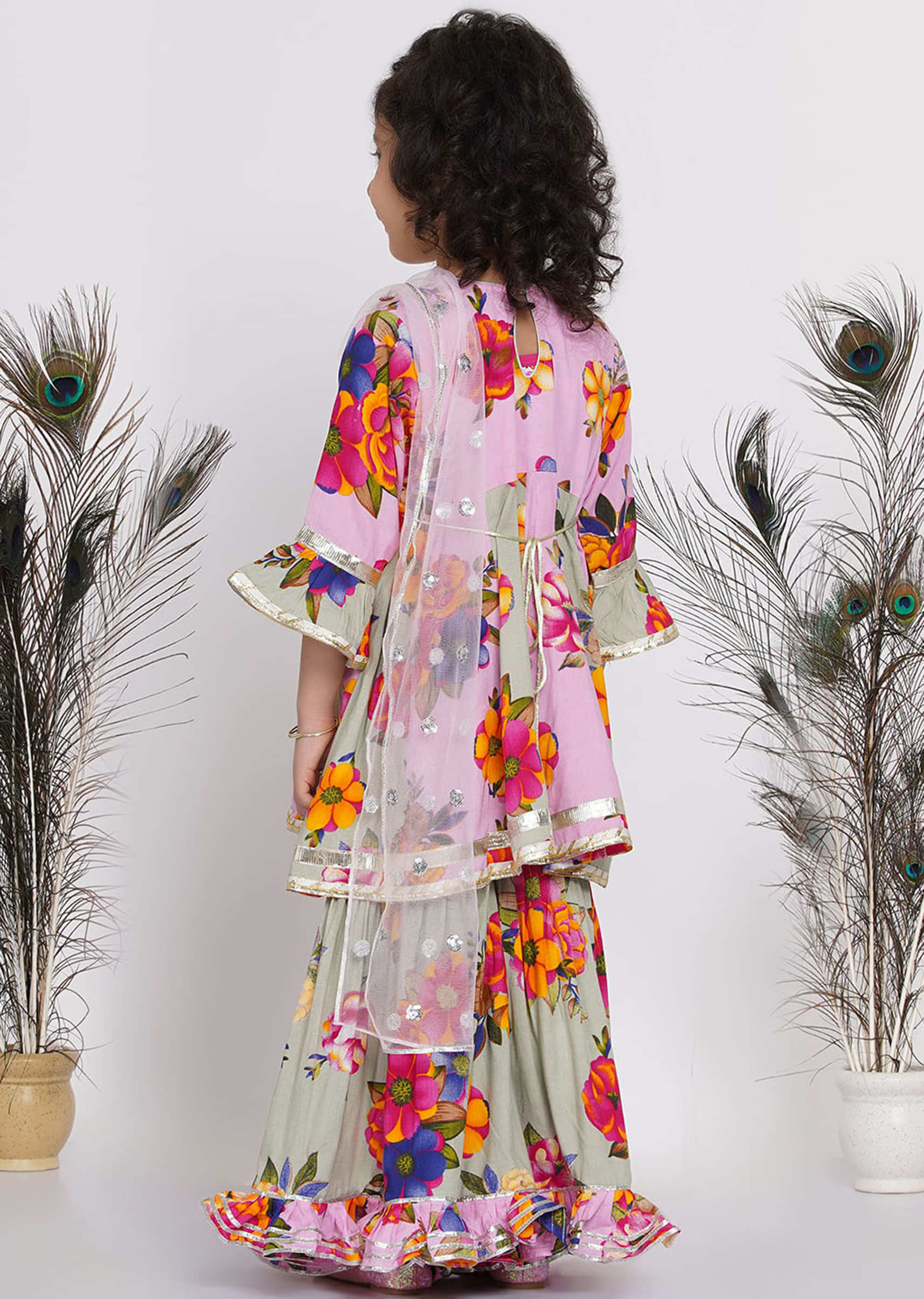 Kalki Girls Pink Floral Suit WIth Kali And Pearl Work