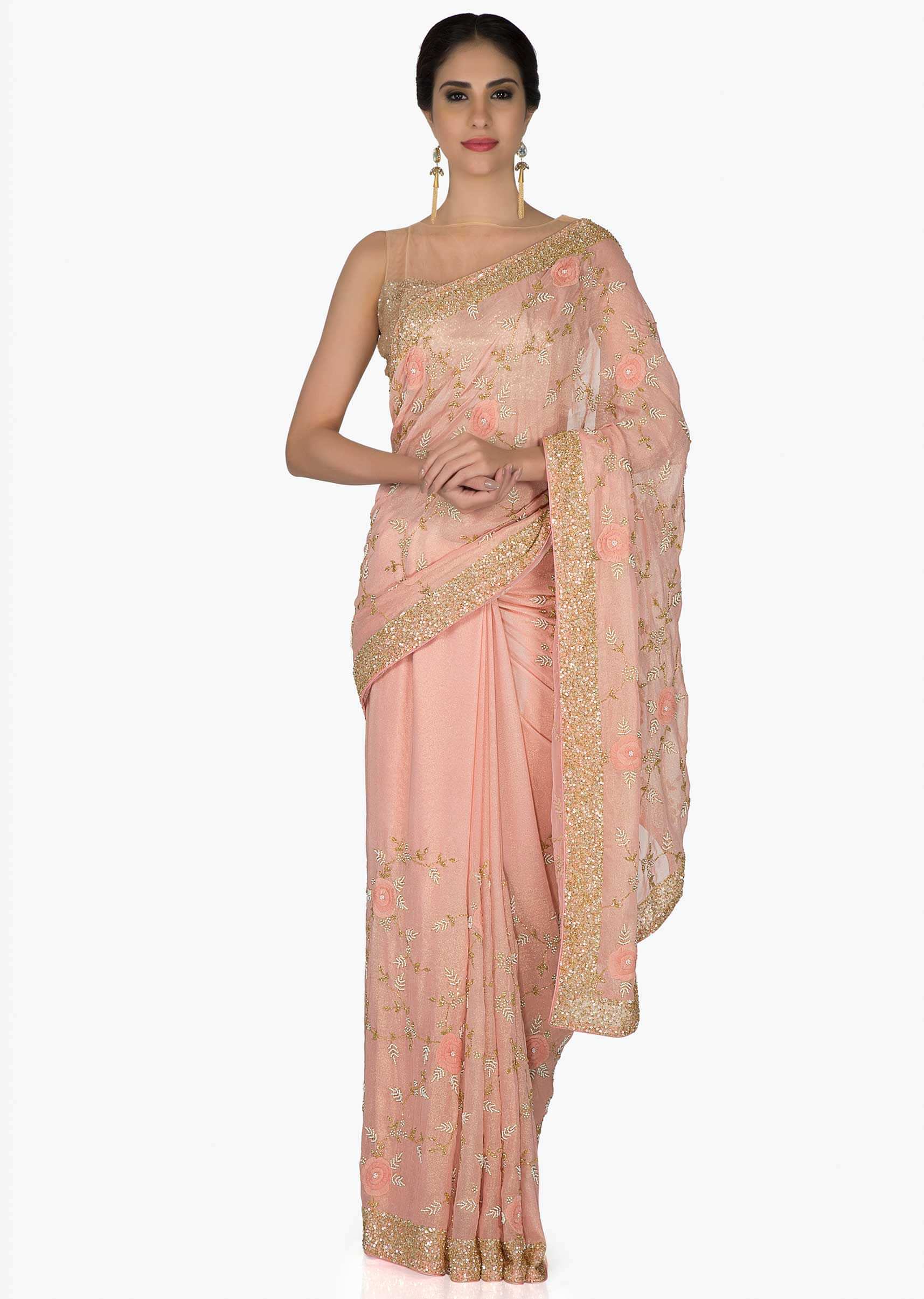 Pink Foil Georgette Saree and Georgette Blouse with Thread Work, Sequins and Moti only on Kalki