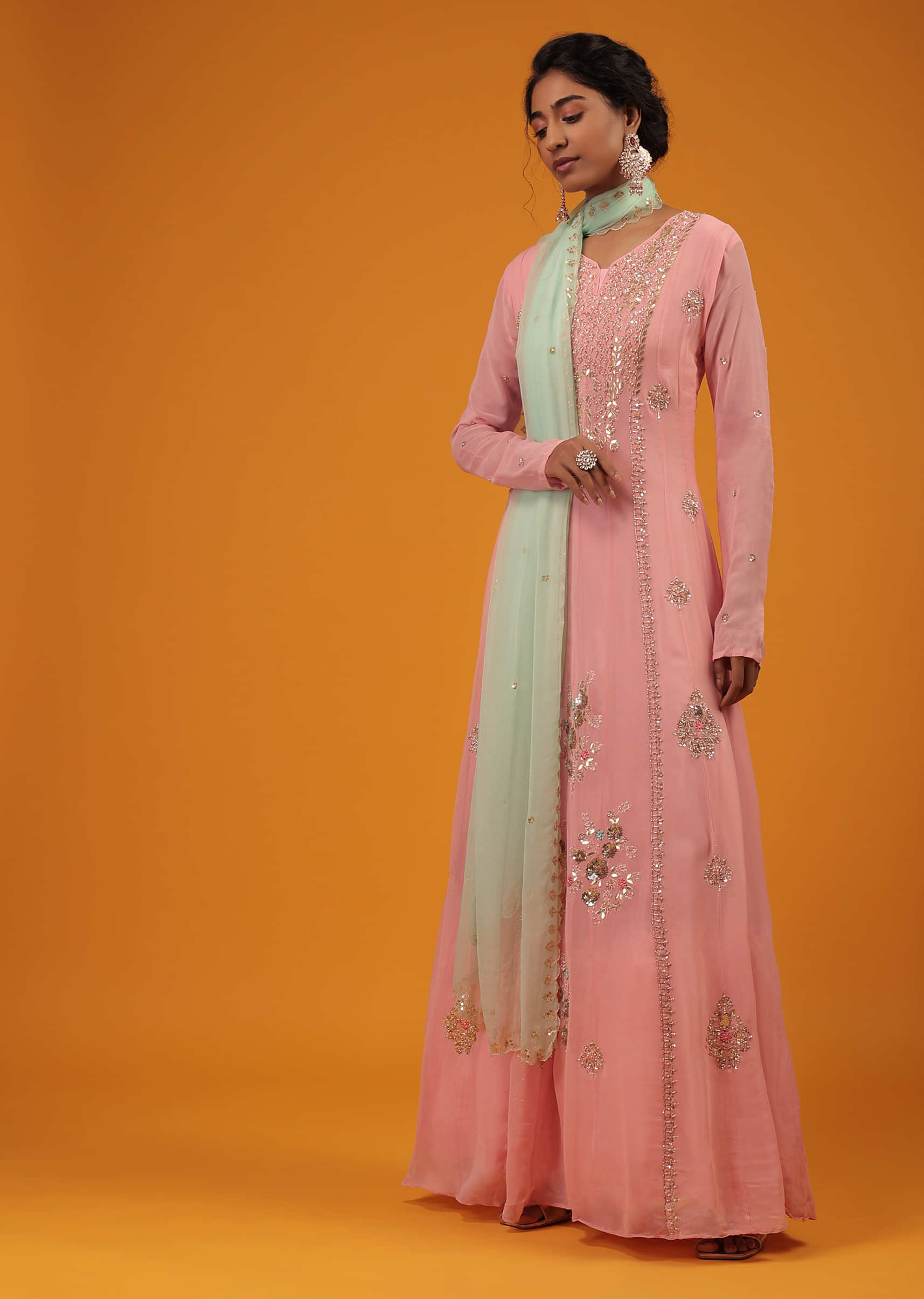 Pink Georgette Anarkali Suit With Moti, Zari And Sequins Work