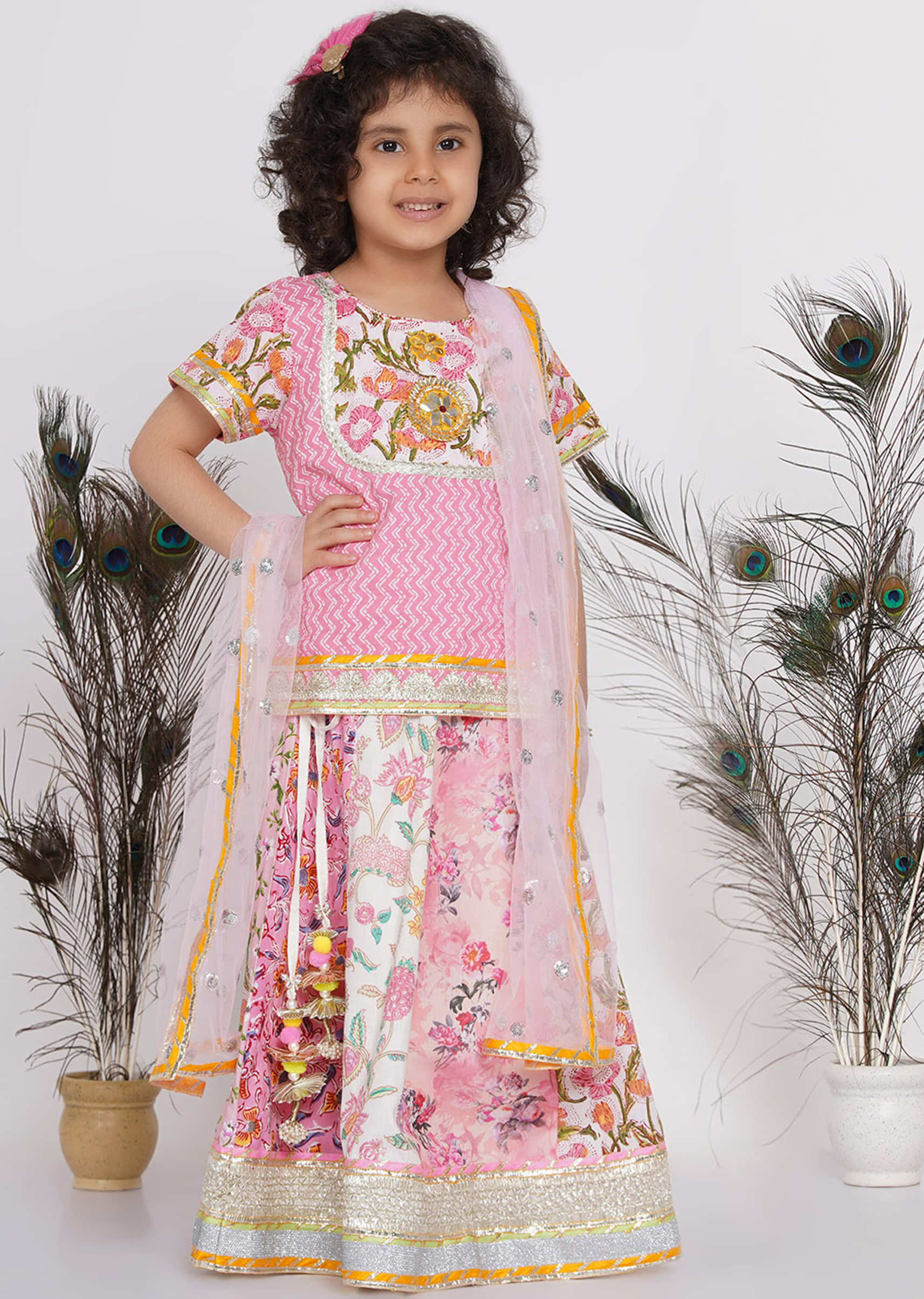 Kalki Girls Pink Ghagra Choli Suit With Kali & Tassel Work