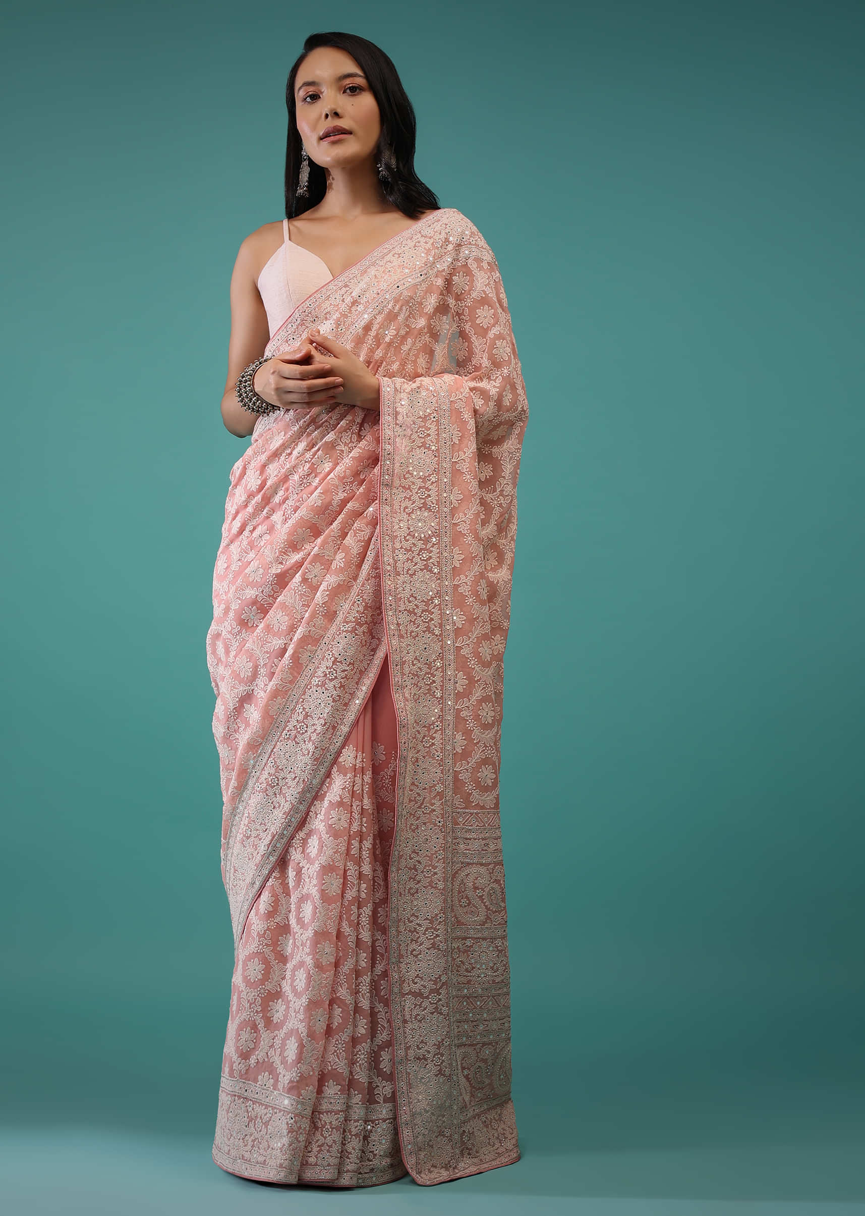Pink Icing Georgette Saree In Lucknowi Threadwork, It Mirror Abla And Cut Dana Detailing Work On The Border