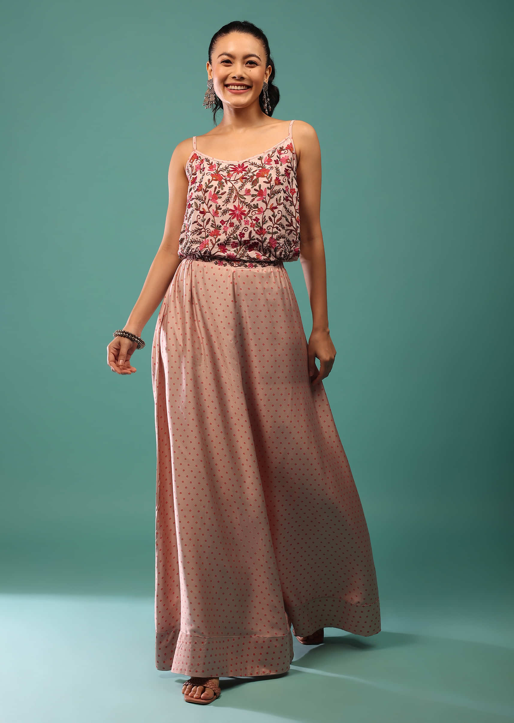 Pink Jumpsuit With Thread, Beads And Sequins In Floral Patterns