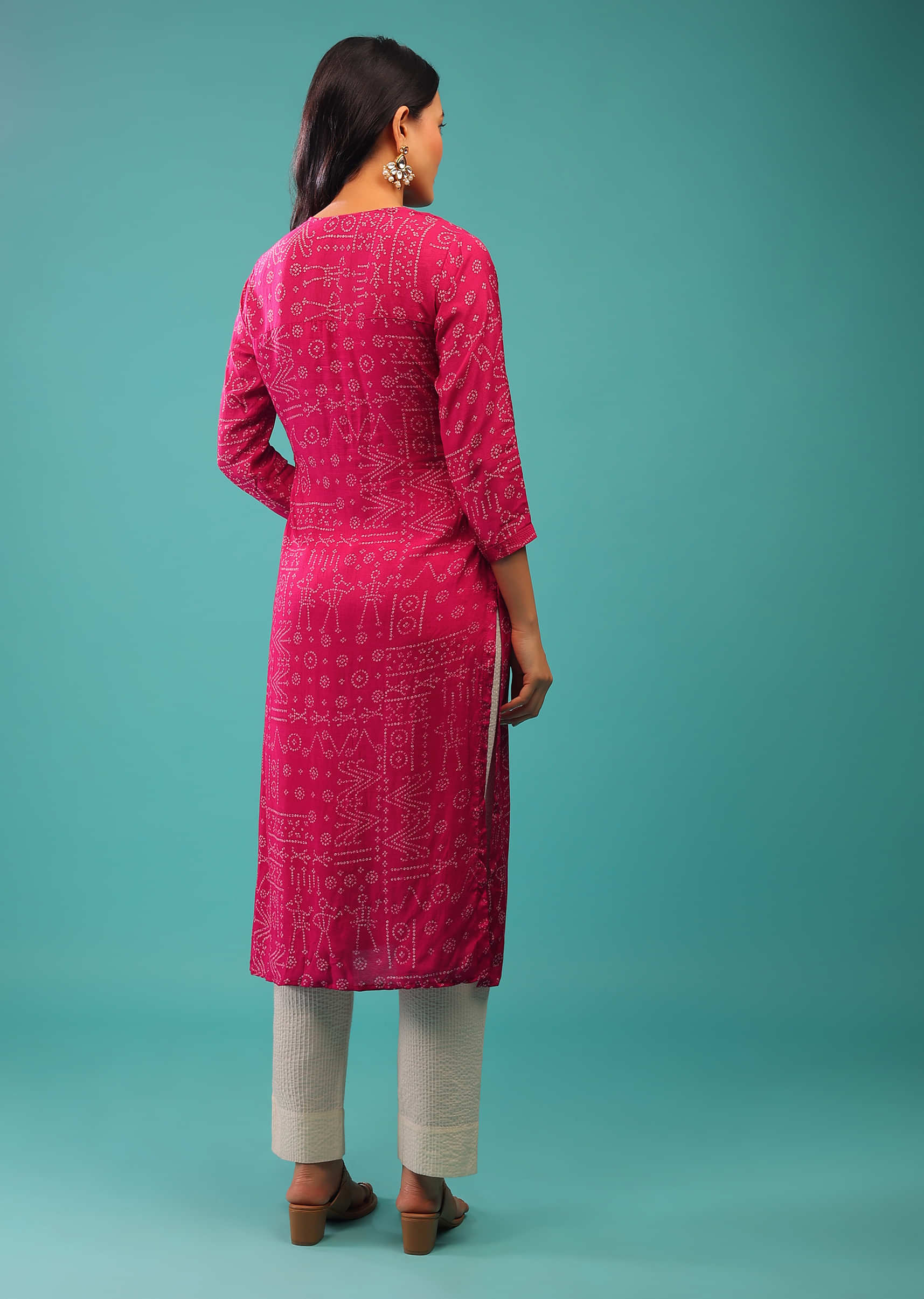 Pink Kurti In Cotton Silk With Tribal Bandhani Print