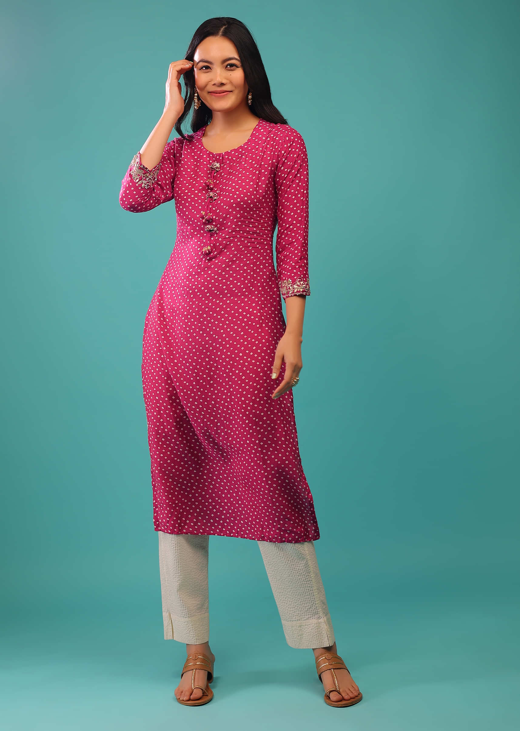 Pink Kurti In Cotton Silk With Zardozi Work And Bandhani Print