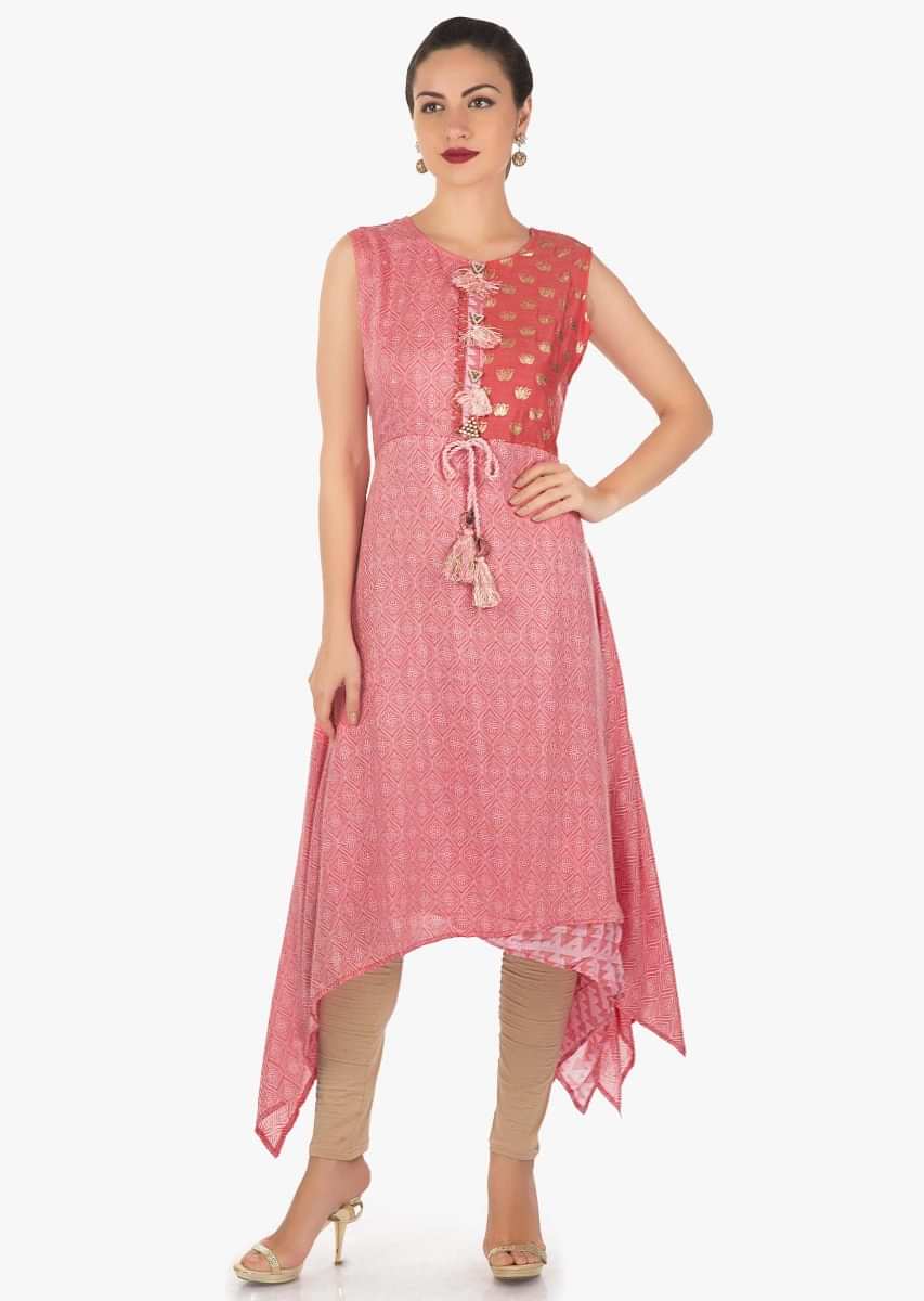 Pink Kurti In Self And Foil Print In Lotus Motif Along With Fancy Tassel Online - Kalki Fashion