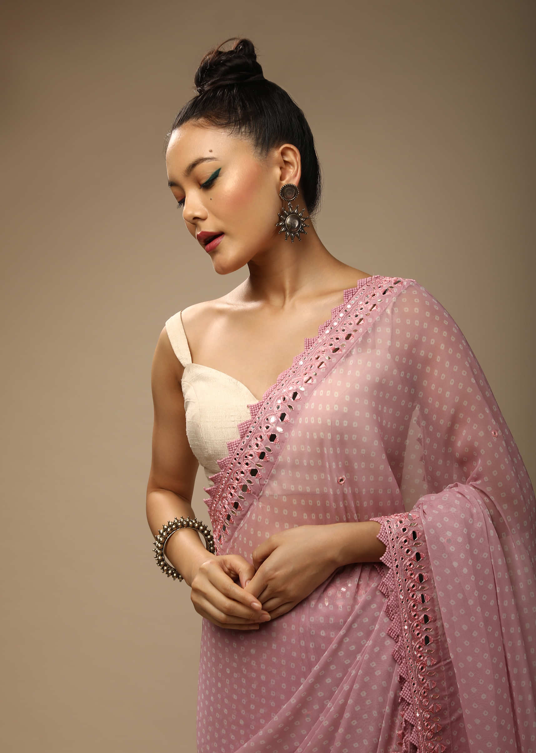Pink Lavender Bandhani Saree In Georgette With Mirror Embroidered Border