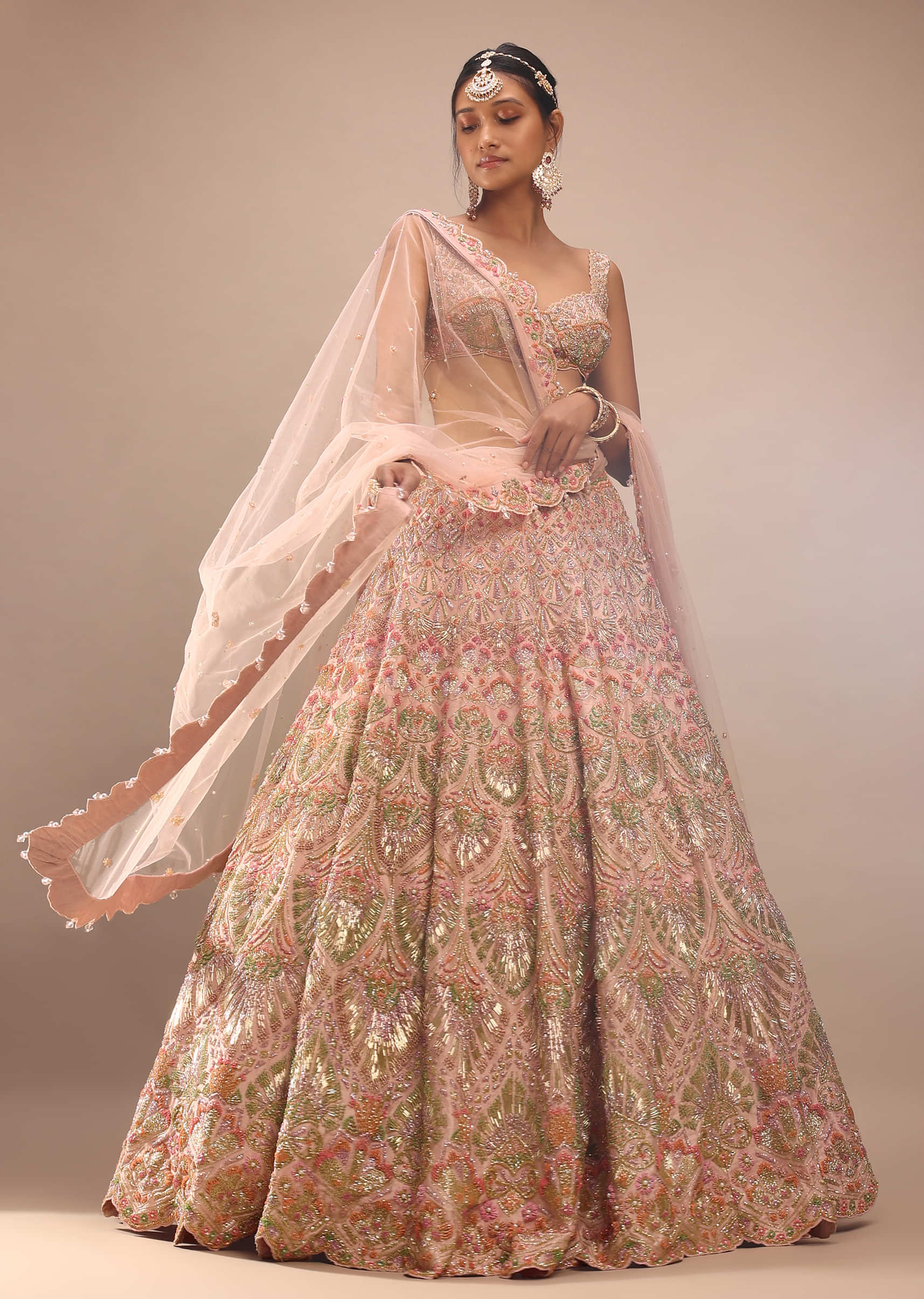 Pink Lehenga With A Crop Top In Zardozi Embroidery, Crop Top Comes In Sleeveless With A Corset Neckline