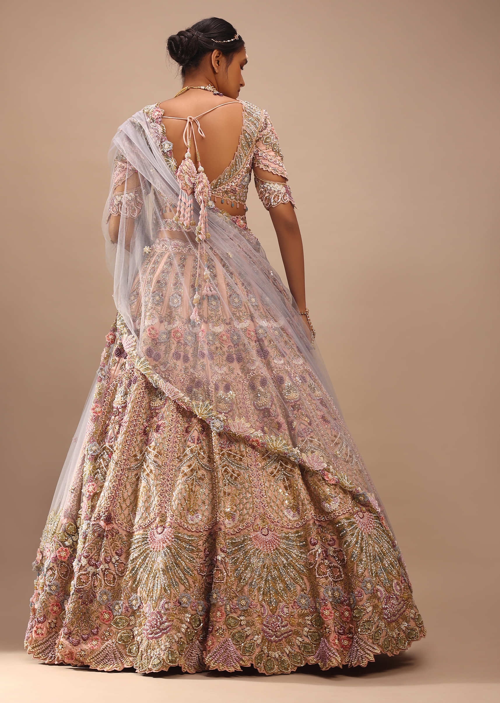 Light Pink Lehenga Set With A Choli In Moti Embroidery, Crop Top Comes In Half Sleeves With Cut Work