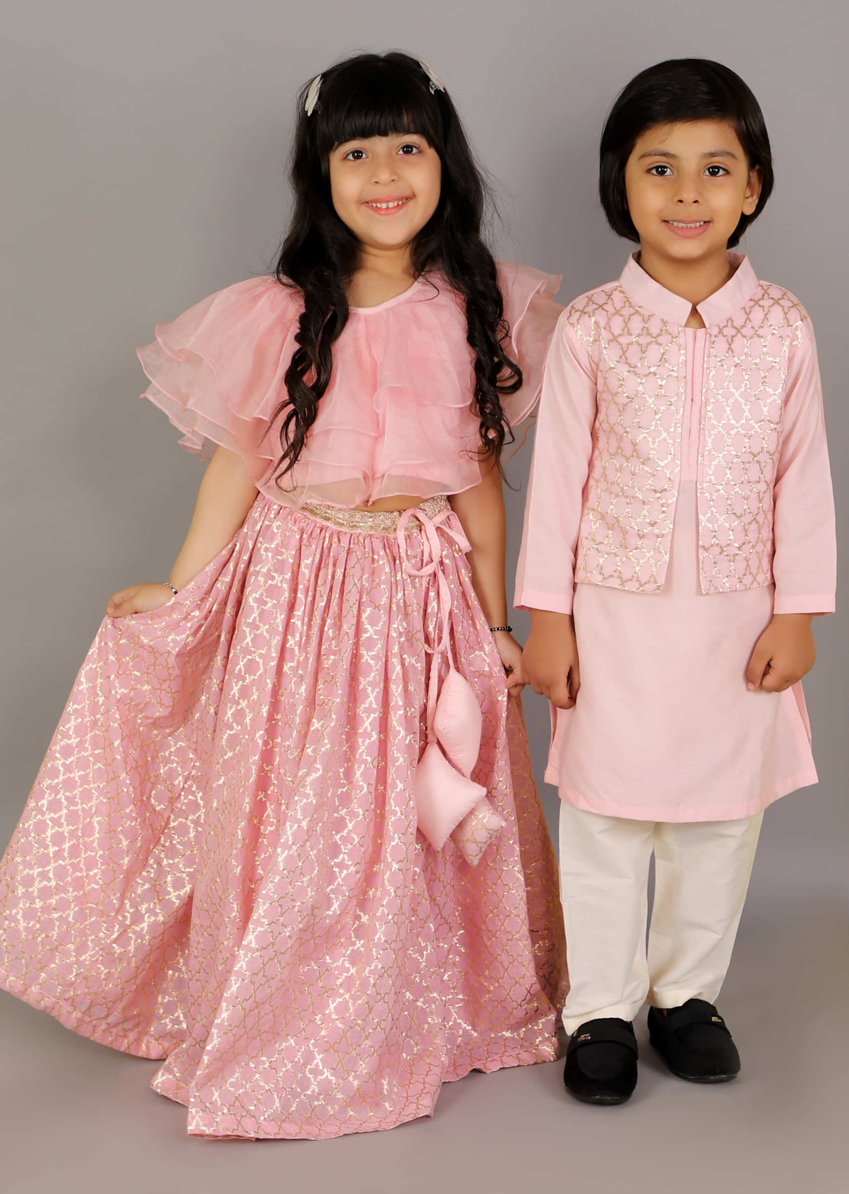 Kalki Girls Pink Lehenga And Crop Top With Organza Ruffles And Woven Design