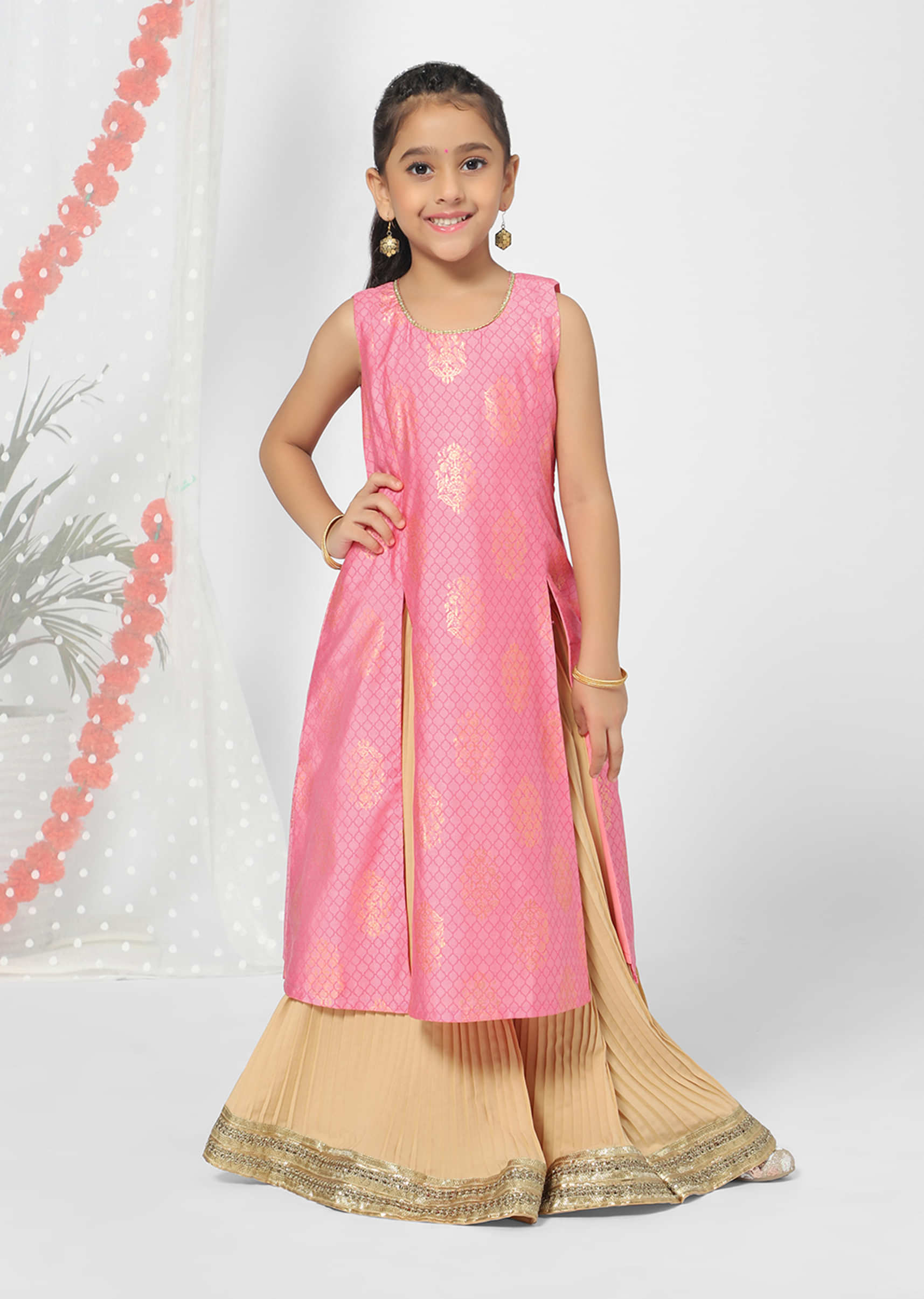 Kalki Girls Pink Long Kurta And Lehenga Set In Silk Blend With Floral Design By Mini Chic