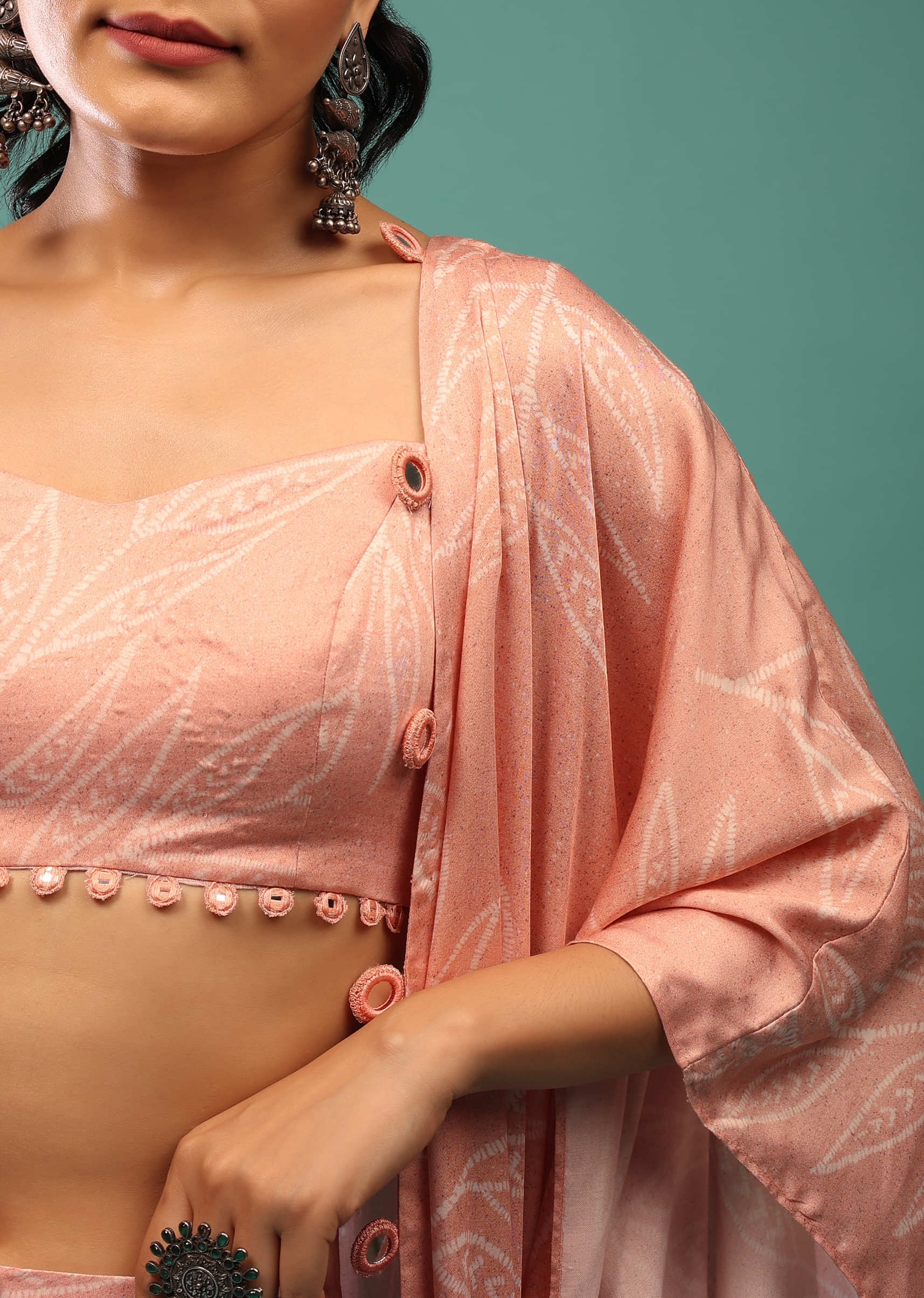 Pink Mirror Work Crop Top Blouse And Palazzo Set With Shrug