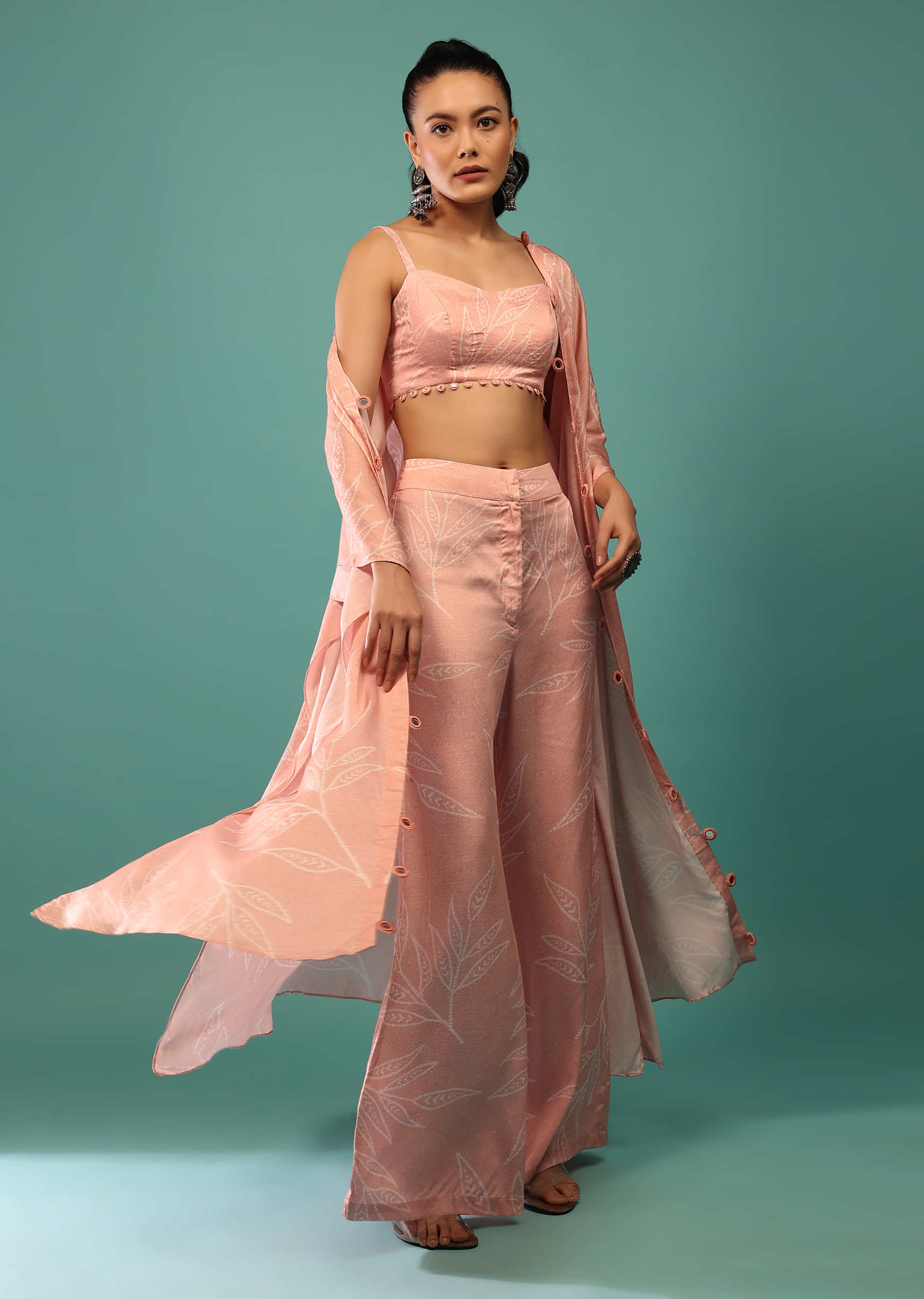 Pink Mirror Work Crop Top Blouse And Palazzo Set With Shrug
