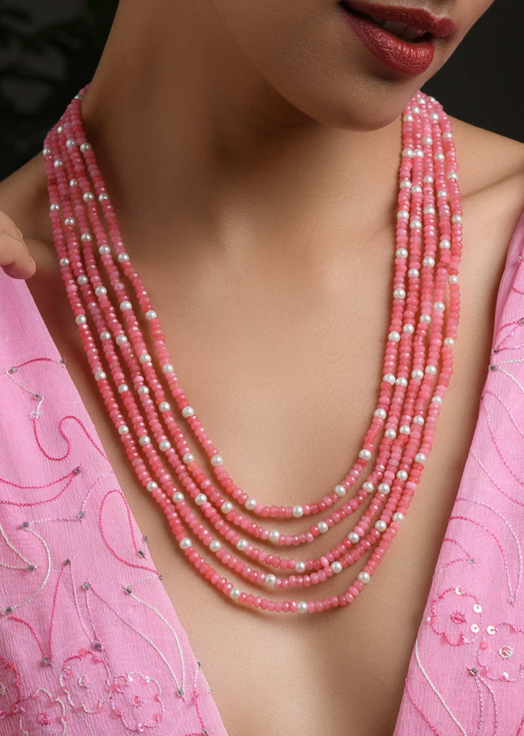 Pink Bead multi strand Long necklace, beaded multi layer necklace, Par –  Indian Designs