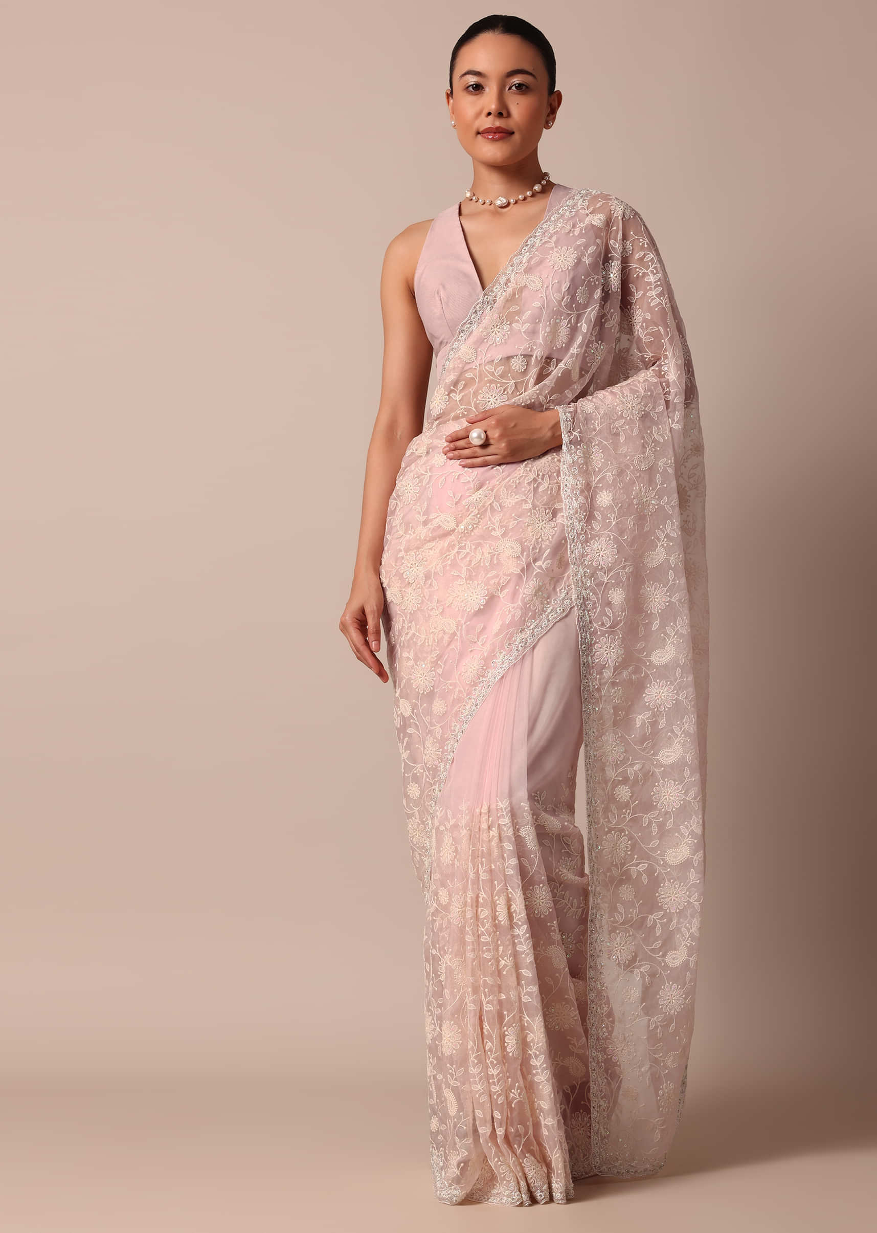 Buy Pink Organza Chikankari Saree Festive Wear Online at Best