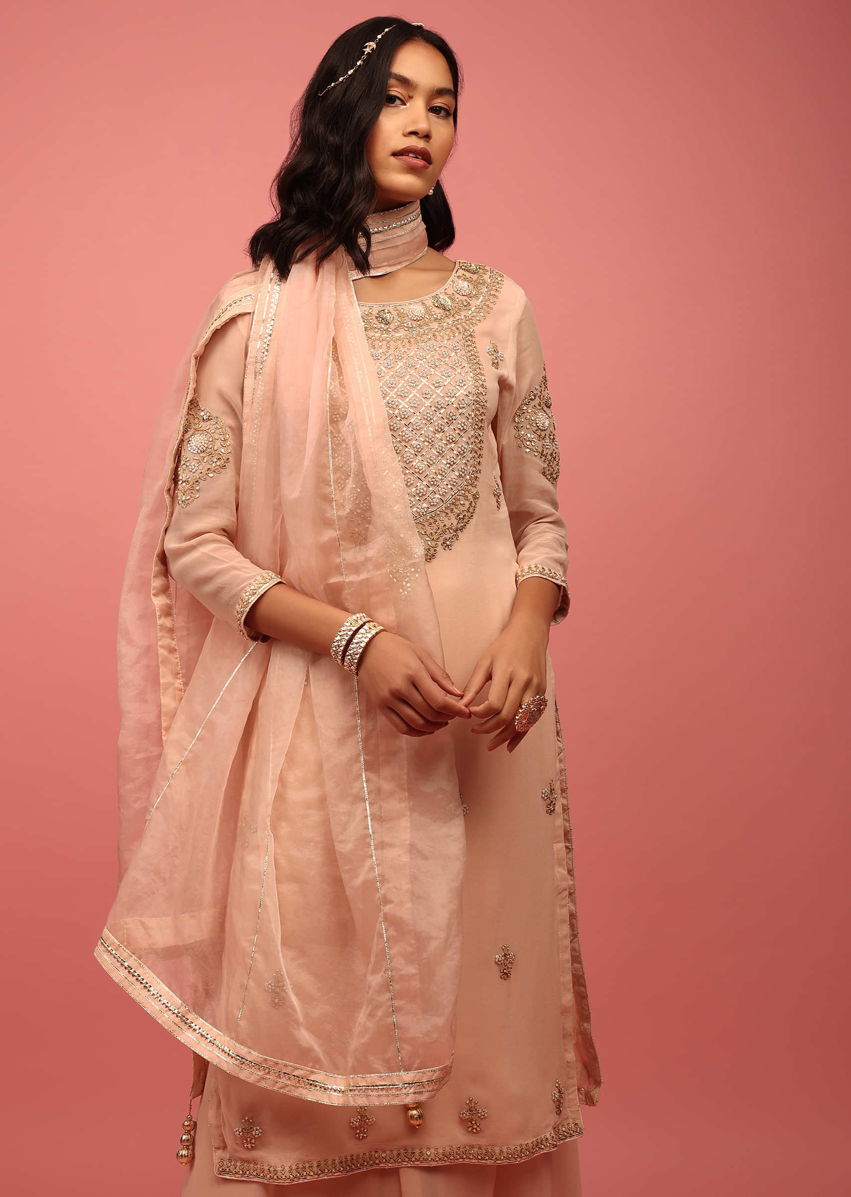 Peach Pink Palazzo Suit Hand Embroidered In Georgette With Zardosi, Sequins And Gotta Work