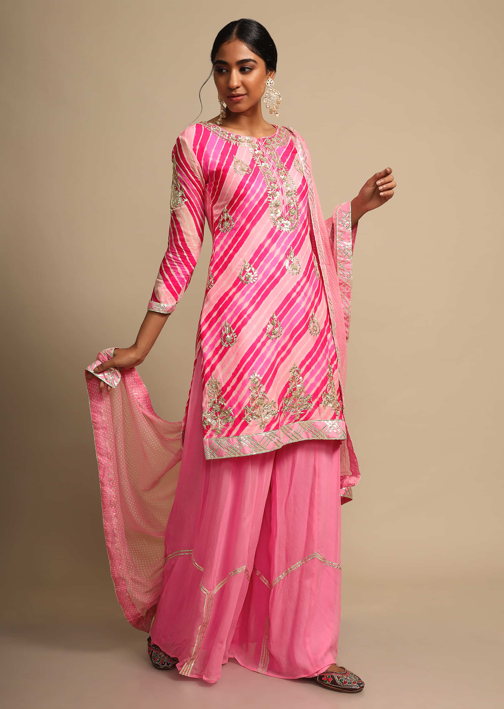 Pink Palazzo Suit With Multi Color Lehariya Printed Kurti Adorned With Gotta Patti  