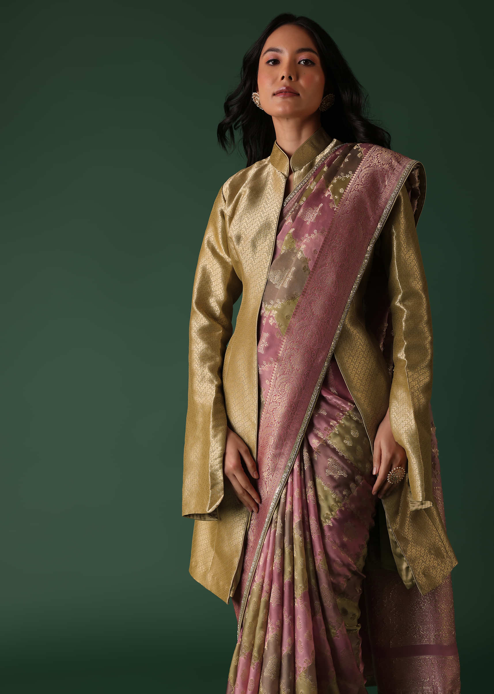 Pink Printed Saree And Blouse With Brocade Jacket In Banarasi Silk