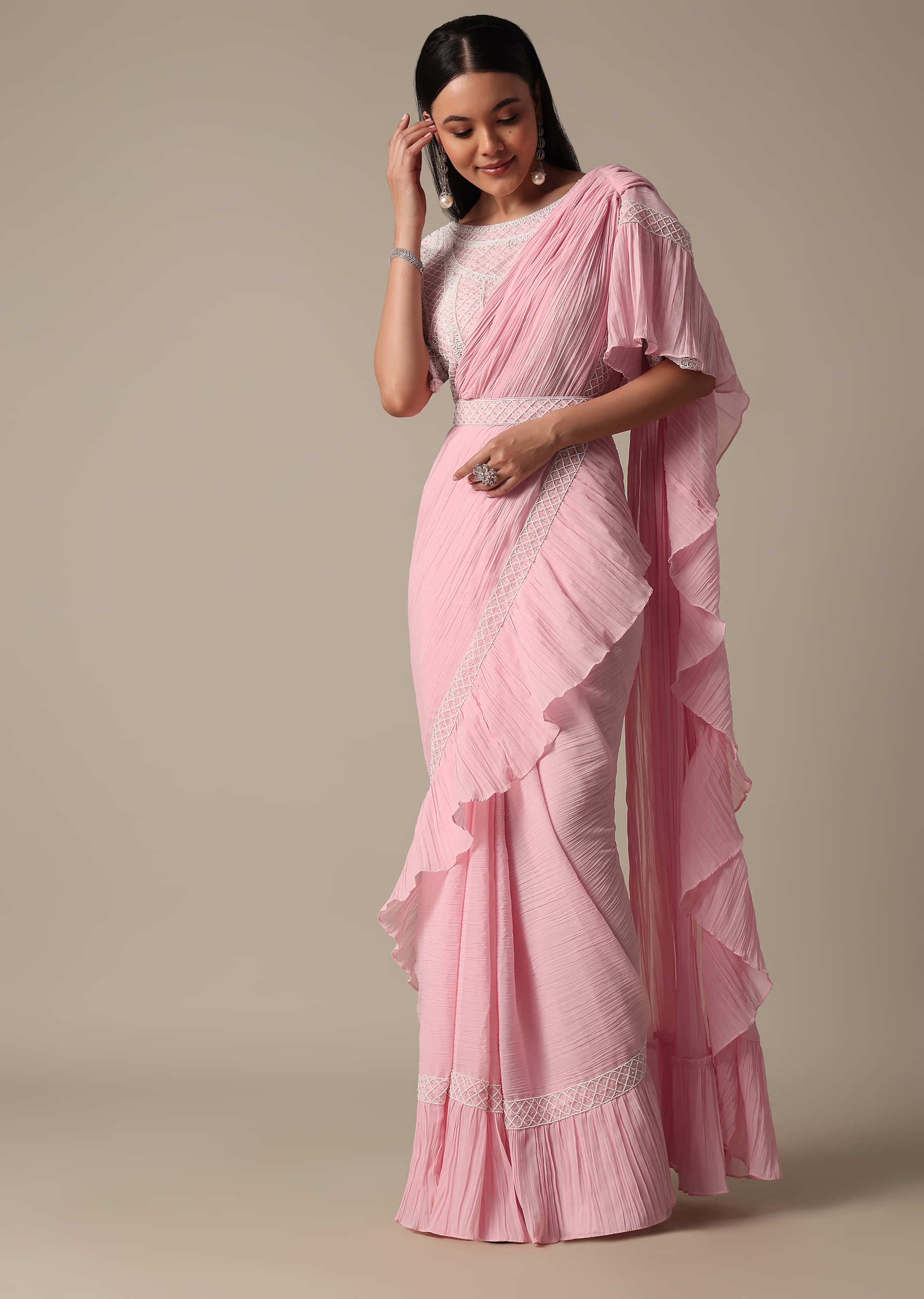 Buy Light Pink Draped Lycra Saree Online in USA with Embellished