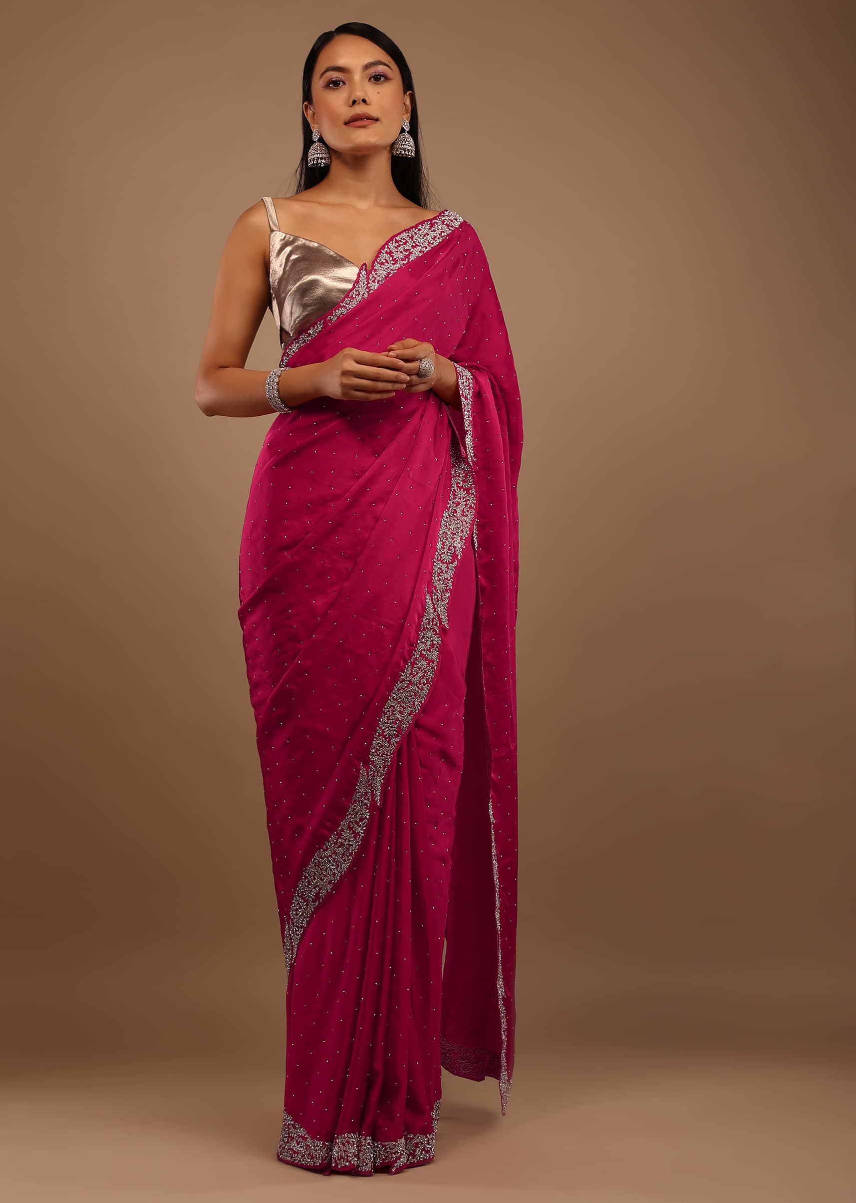 Glowing Pink Semi Silk Saree With Gold Stone Work Border and - Etsy