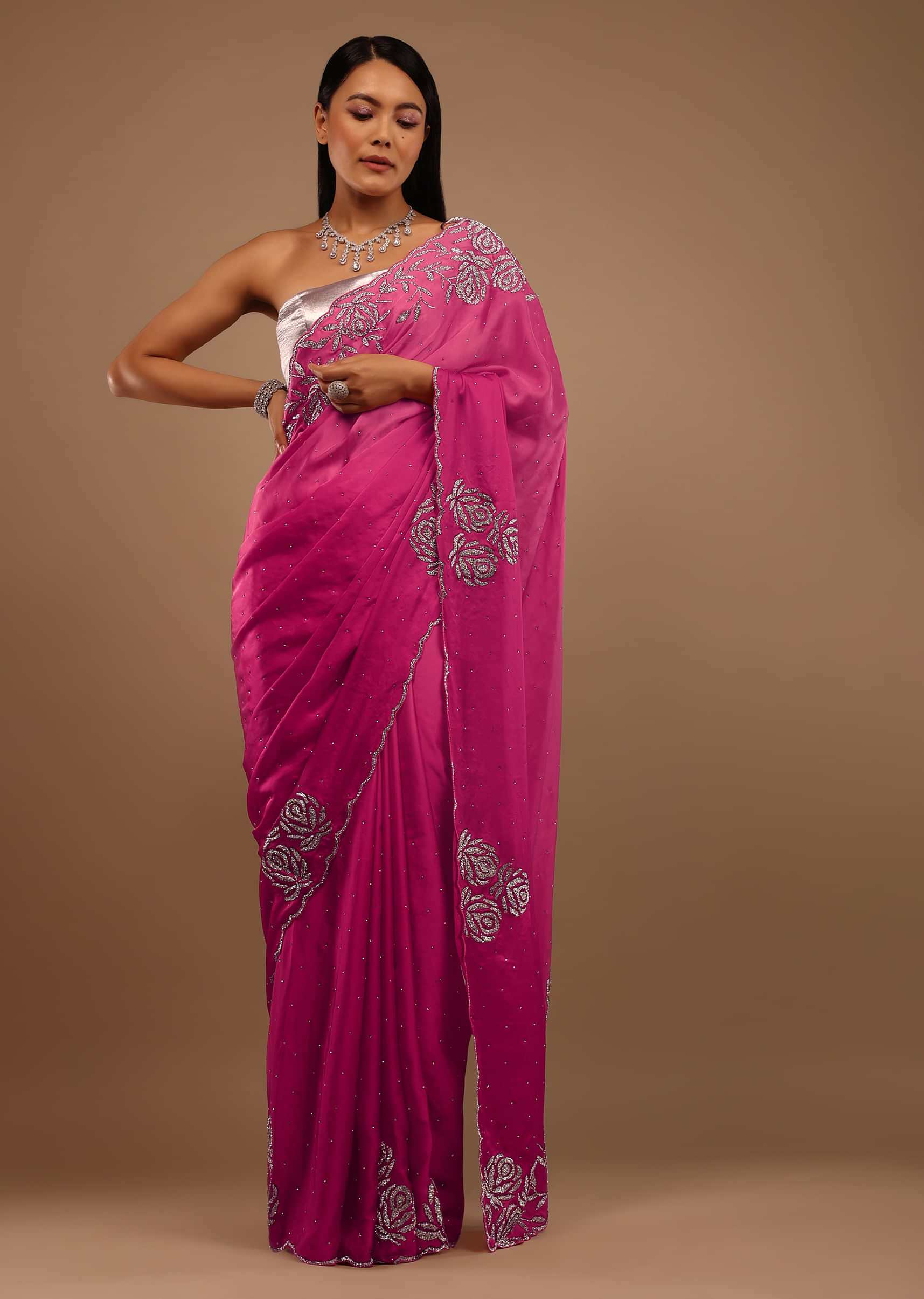 Pink Satin Saree With Swarovski Stonework In A Rose Motif