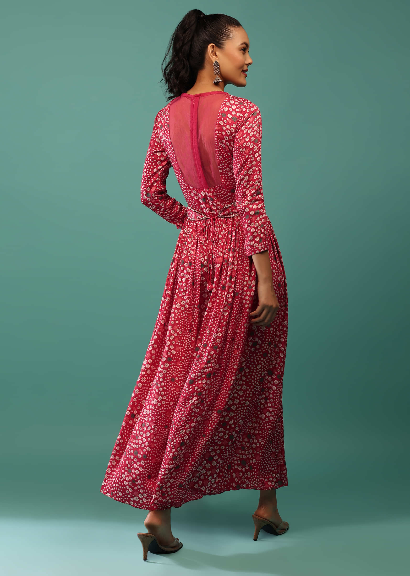 Pink Satin Silk Jumpsuit With Floral Prints And Waist Belt