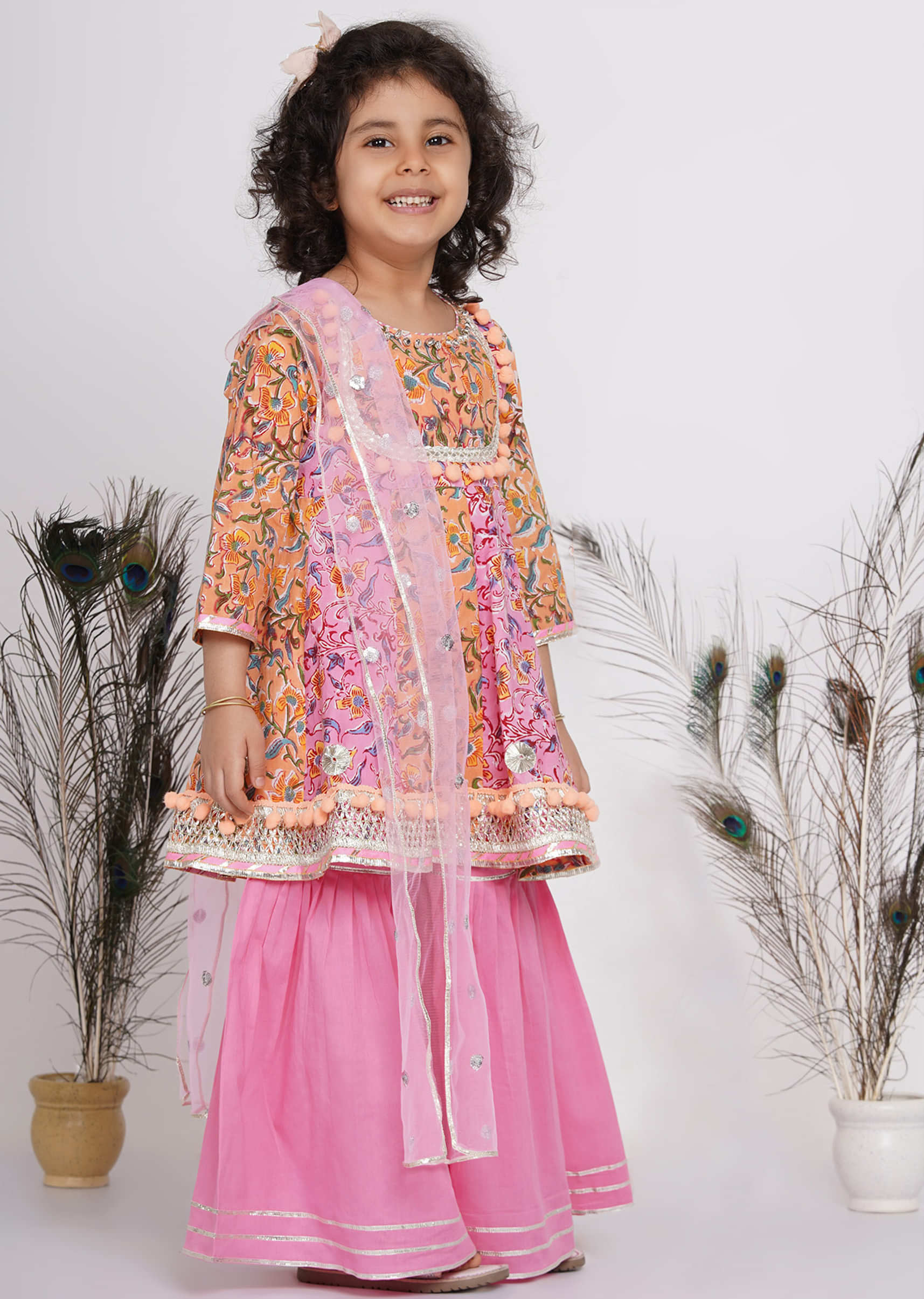 Kalki Blush Pink Sharara Suit Set For Girls In Cotton With Digital Print & Ghungroo Embellishment