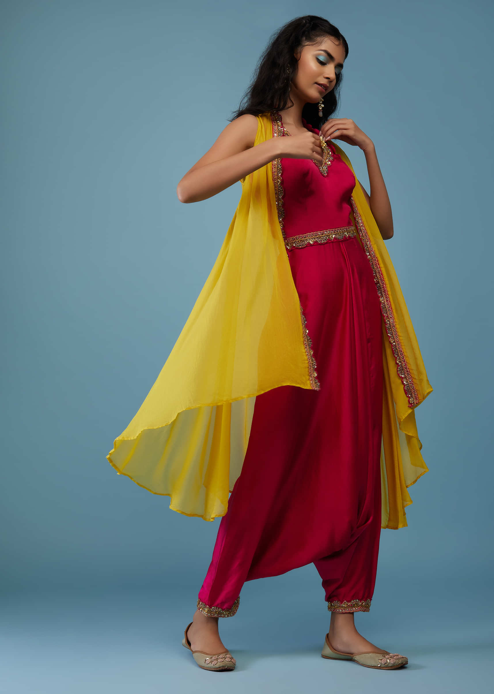 Pink Silk Embroidered Dhoti Jumpsuit With Yellow Organza Shrug