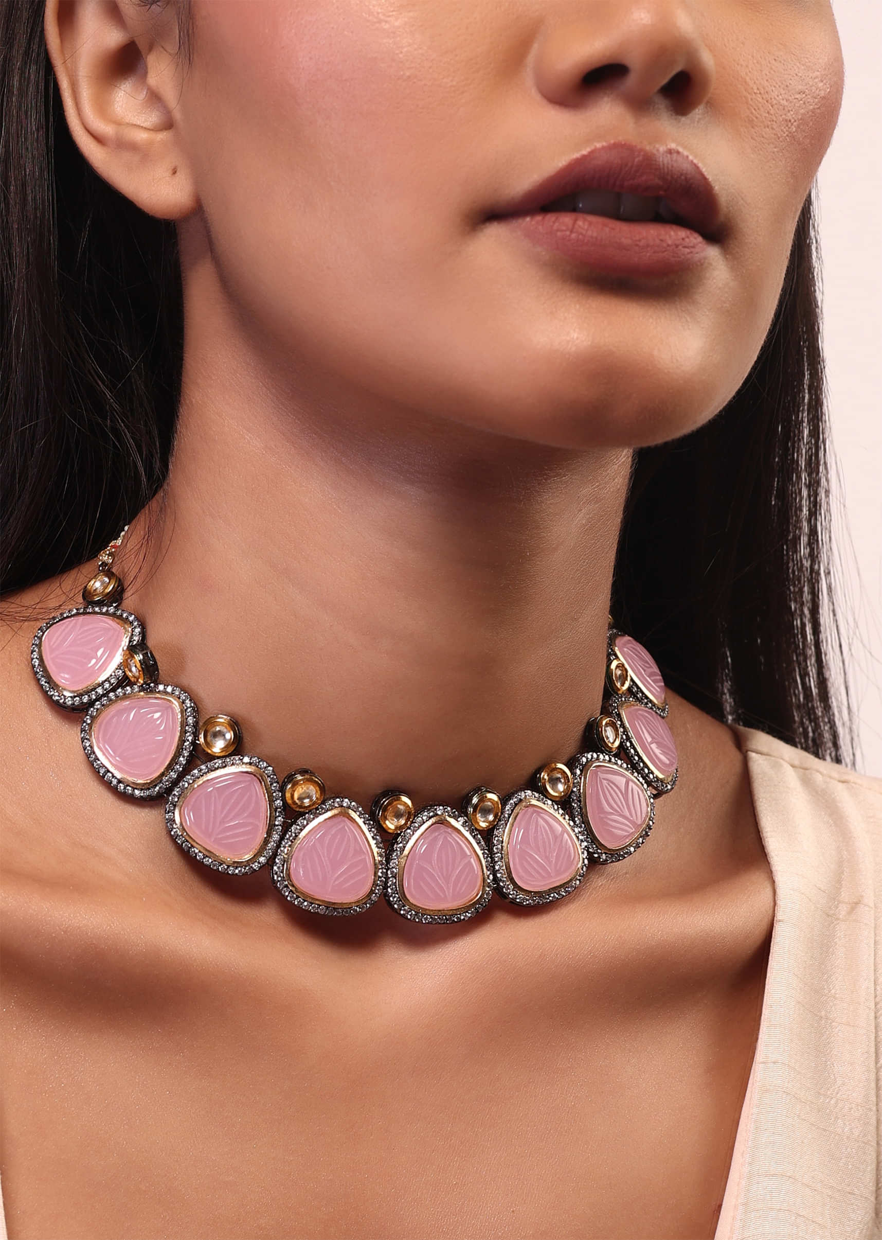 Carved Pink Stone Necklace Edged In Swarovski And Kundan