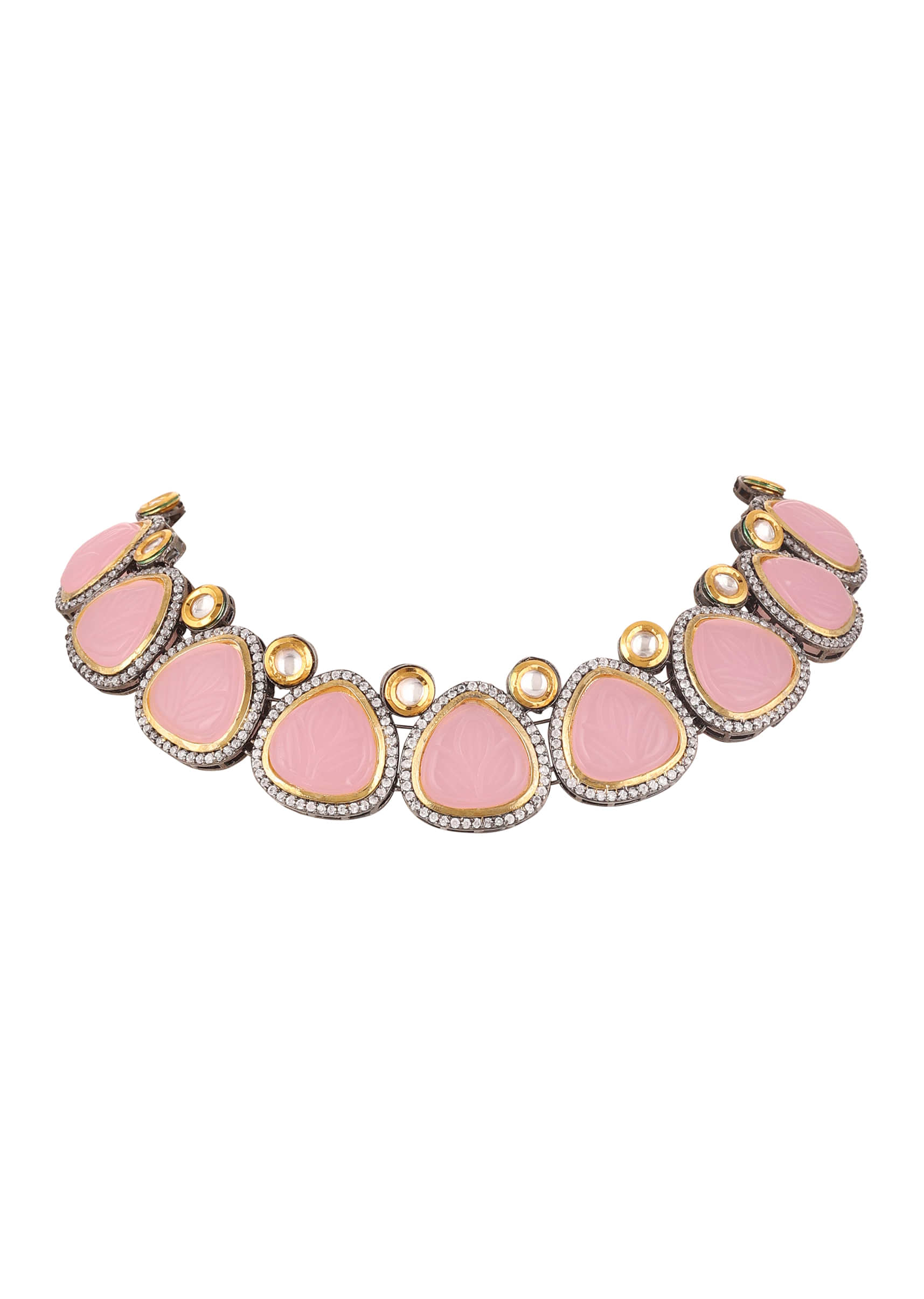 Carved Pink Stone Necklace Edged In Swarovski And Kundan