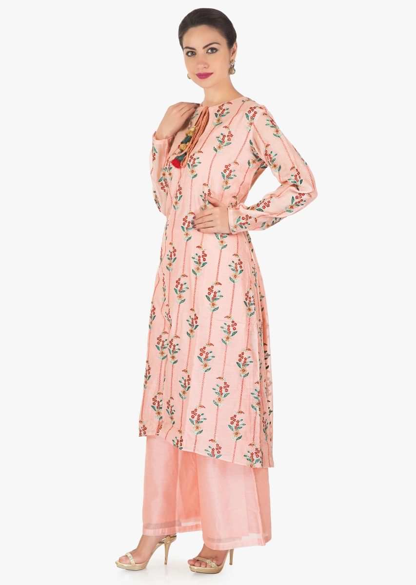 Pink straight palazzo suit in cotton silk with resham and zari work only on Kalki