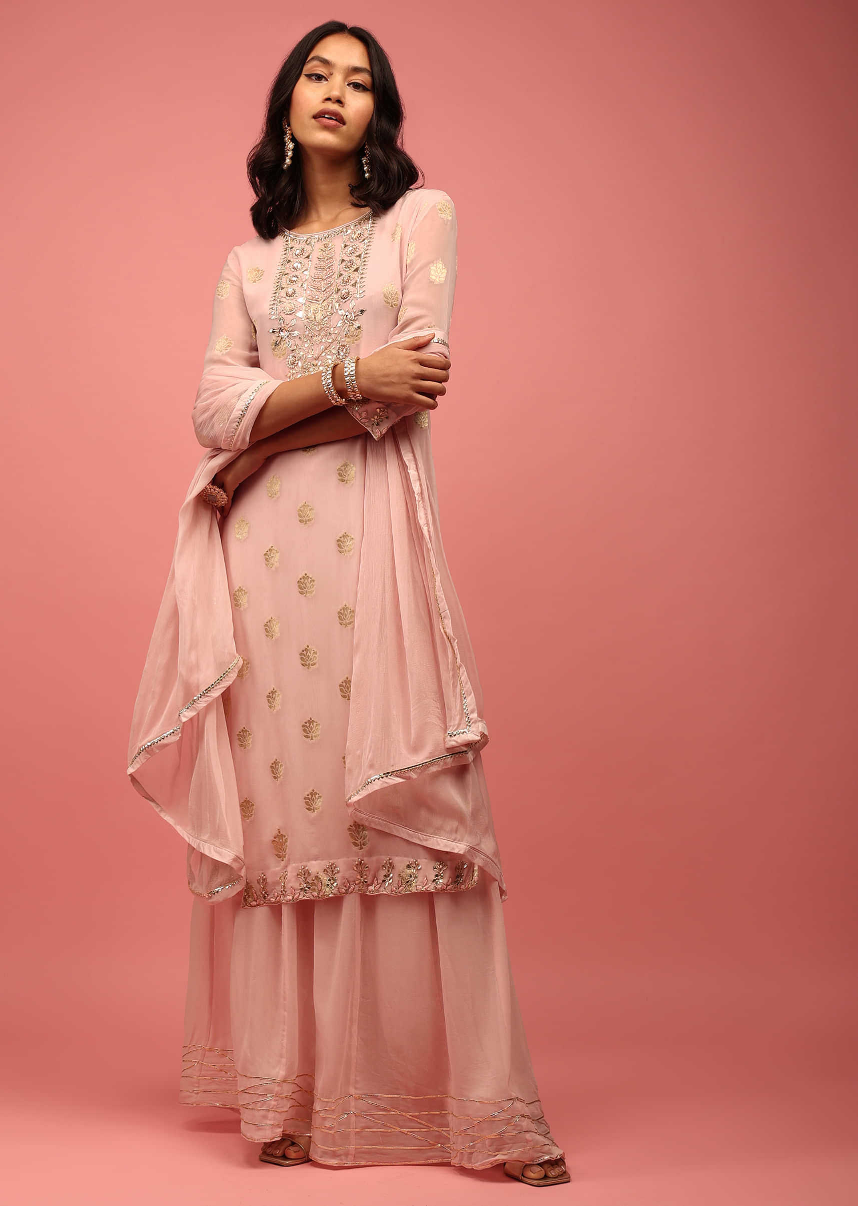 Pink Straight Palazzo Suit Set In Banarasi Georgette With Brocade Work And Hand-Embellishment