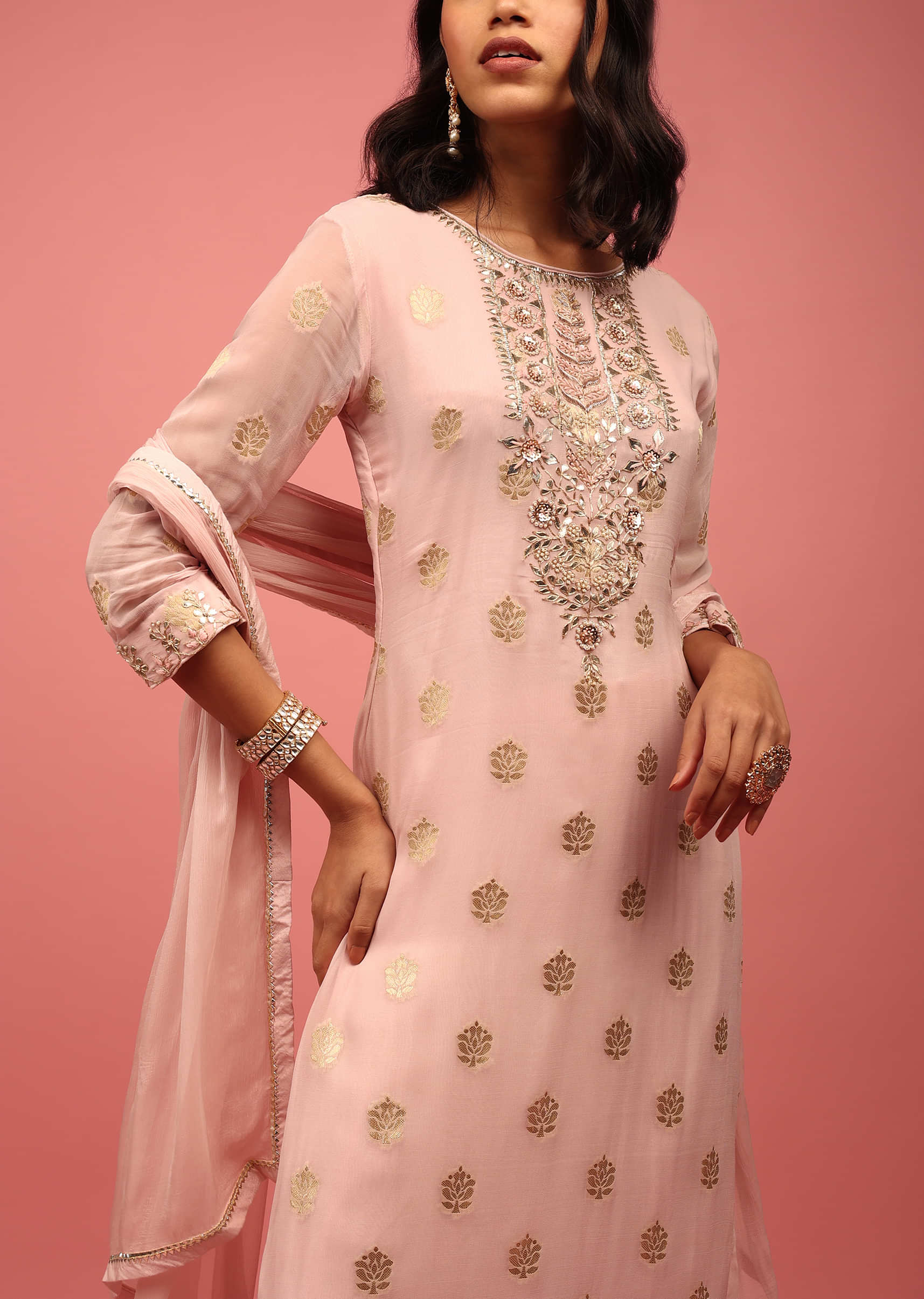 pink georgette embroidered straight trouser suit 18092
