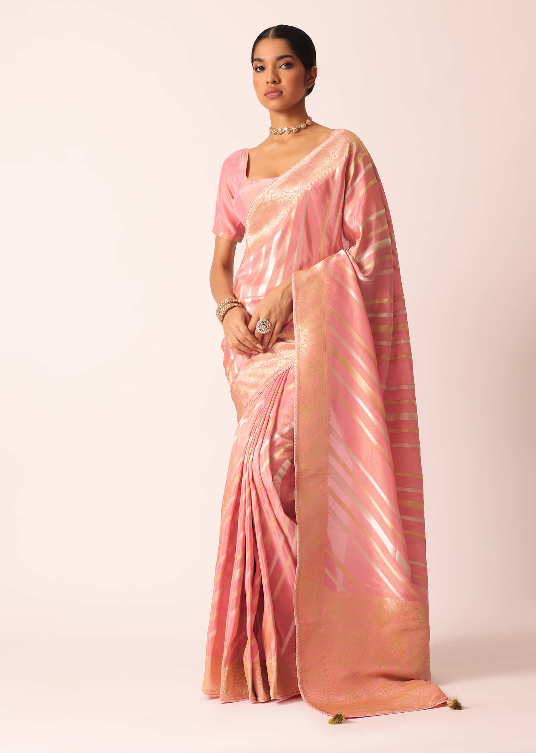 Blush Pink Organza Silk Saree With Diagonal Striped Design KALKI