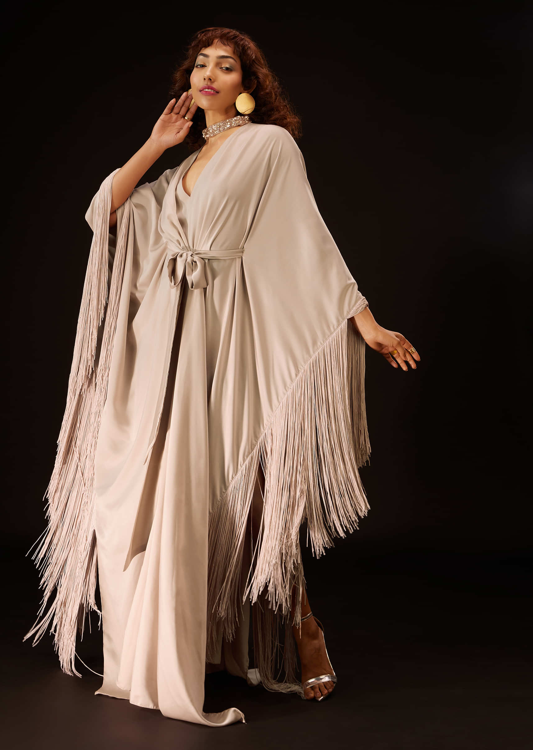 Candy Pink Embroidered Kaftan With Fringe Border And Tie-Up Bow - DEME X KALKI