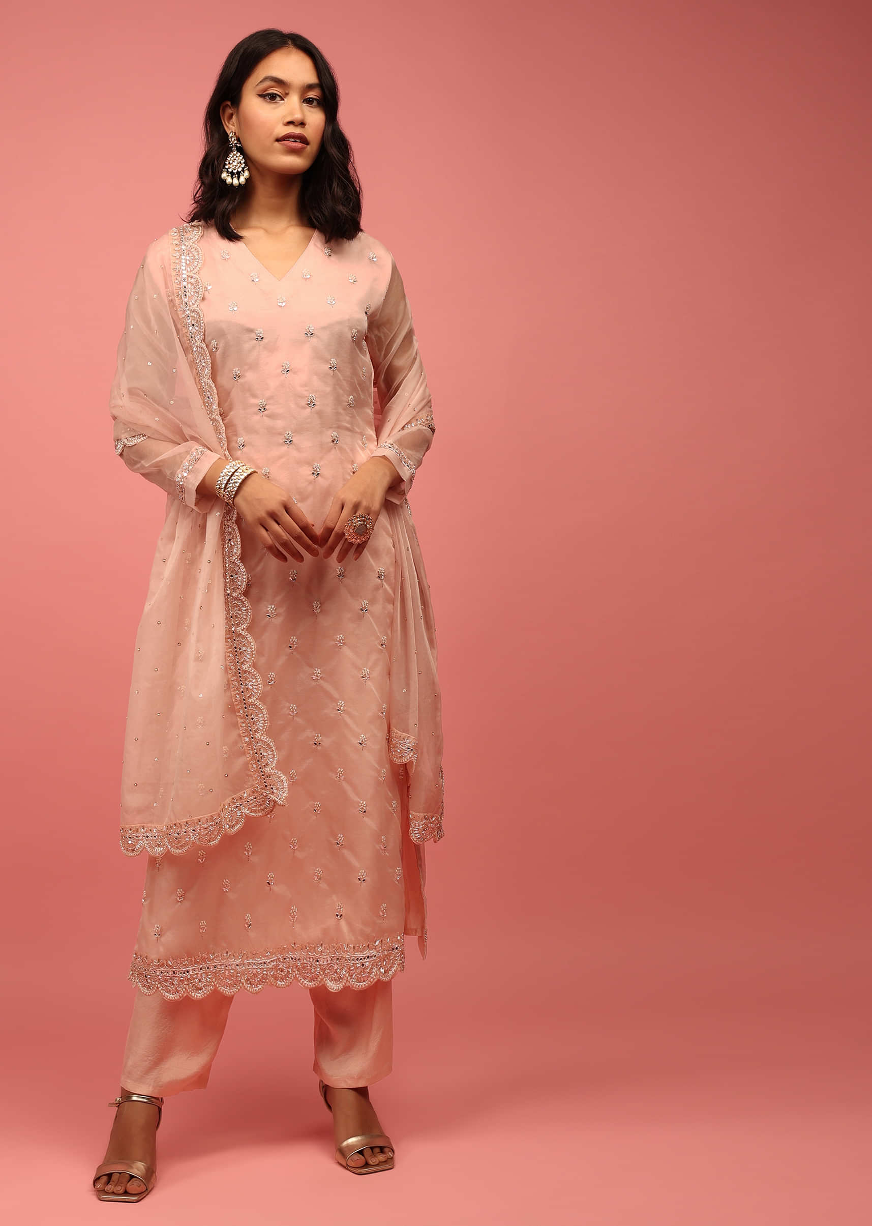 Pink Trouser Suit Set Fully Hand-Embellished In Organza With Cut Dana And Moti