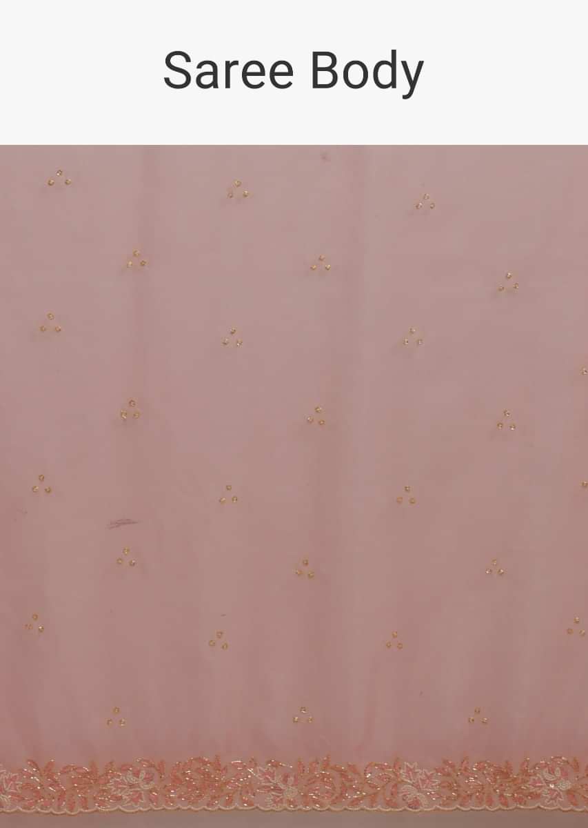 Pinkish Peach Saree In Organza With Hand Embroidered Floral Floral Border And Scattered Buttis  