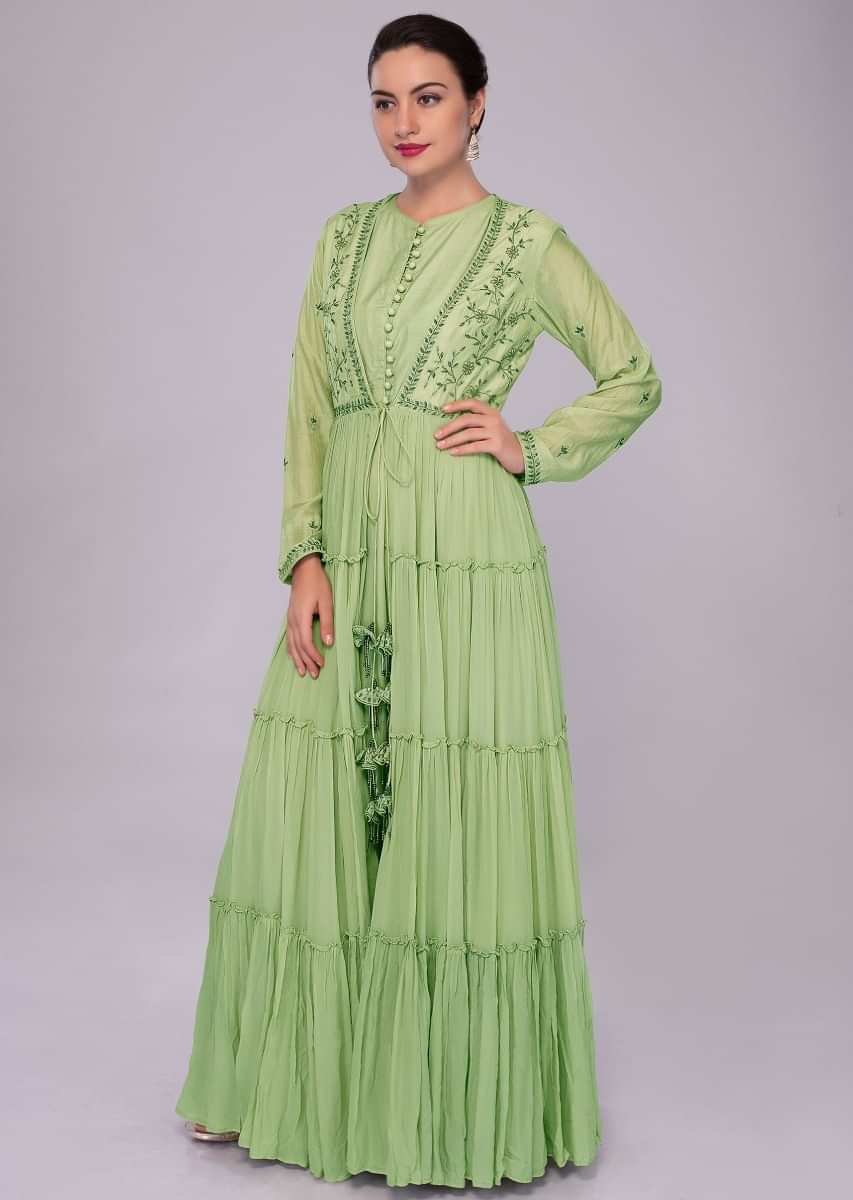 Pista green anarkali dress with embroidered jacket in gathers and front tie up