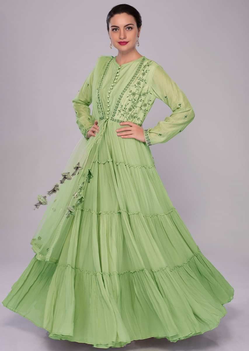 Pista green anarkali dress with embroidered jacket in gathers and front tie up