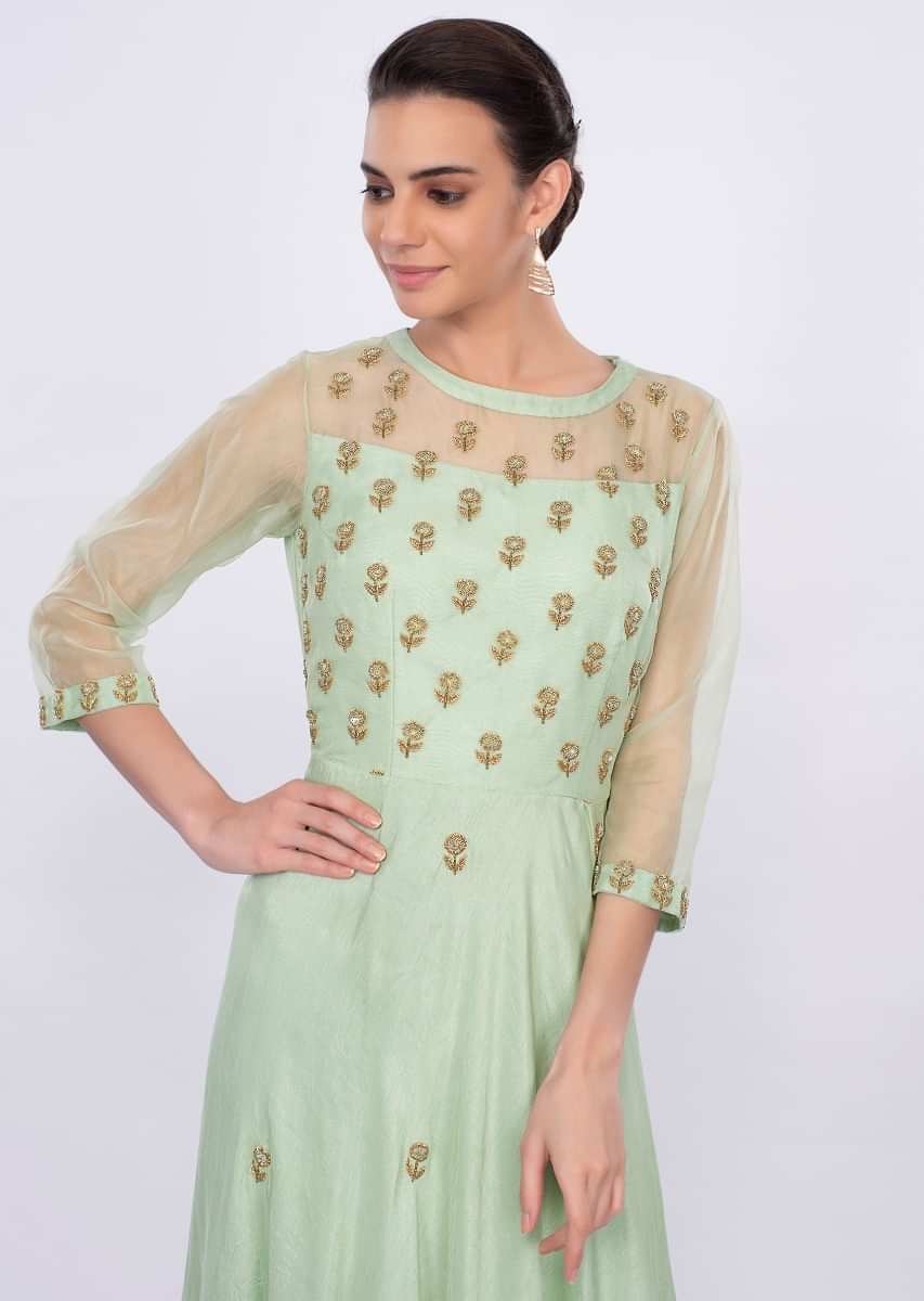 Pista green  anarkali dress with embroidery and butti only on Kalki