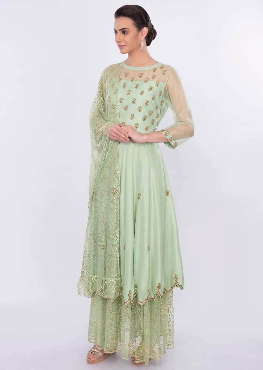Pista green  anarkali dress with embroidery and butti only on Kalki