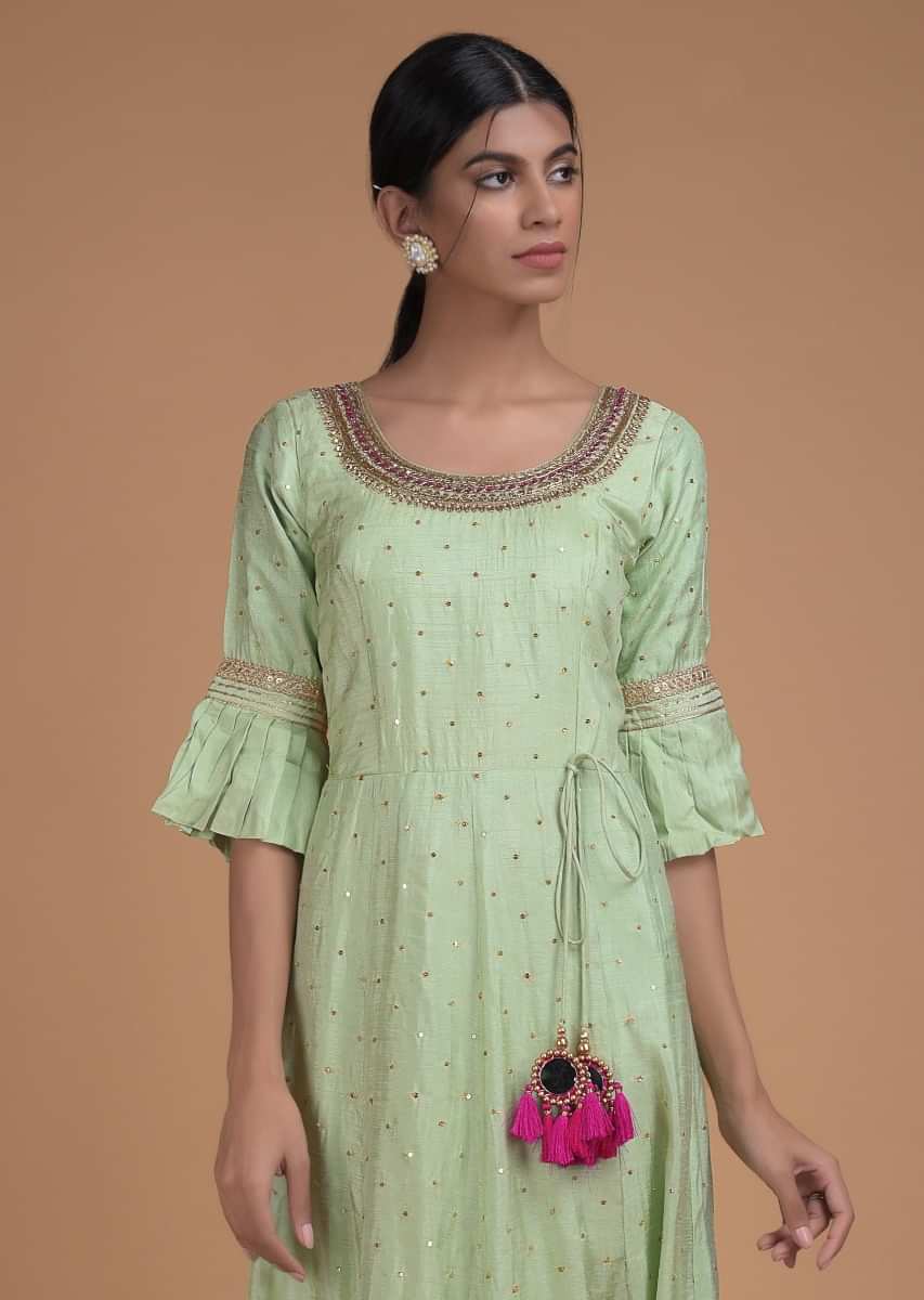 Buy Pista Green Anarkali Suit With Sequins Buttis And Rani Pink Dupatta ...