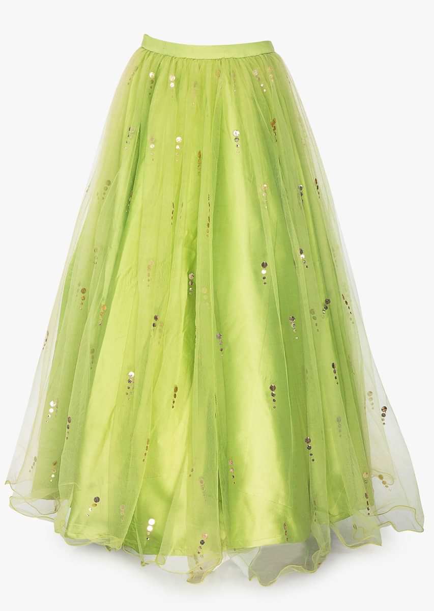 Pista green brocade crop  top in layered sleeves with satin net skirtonly
