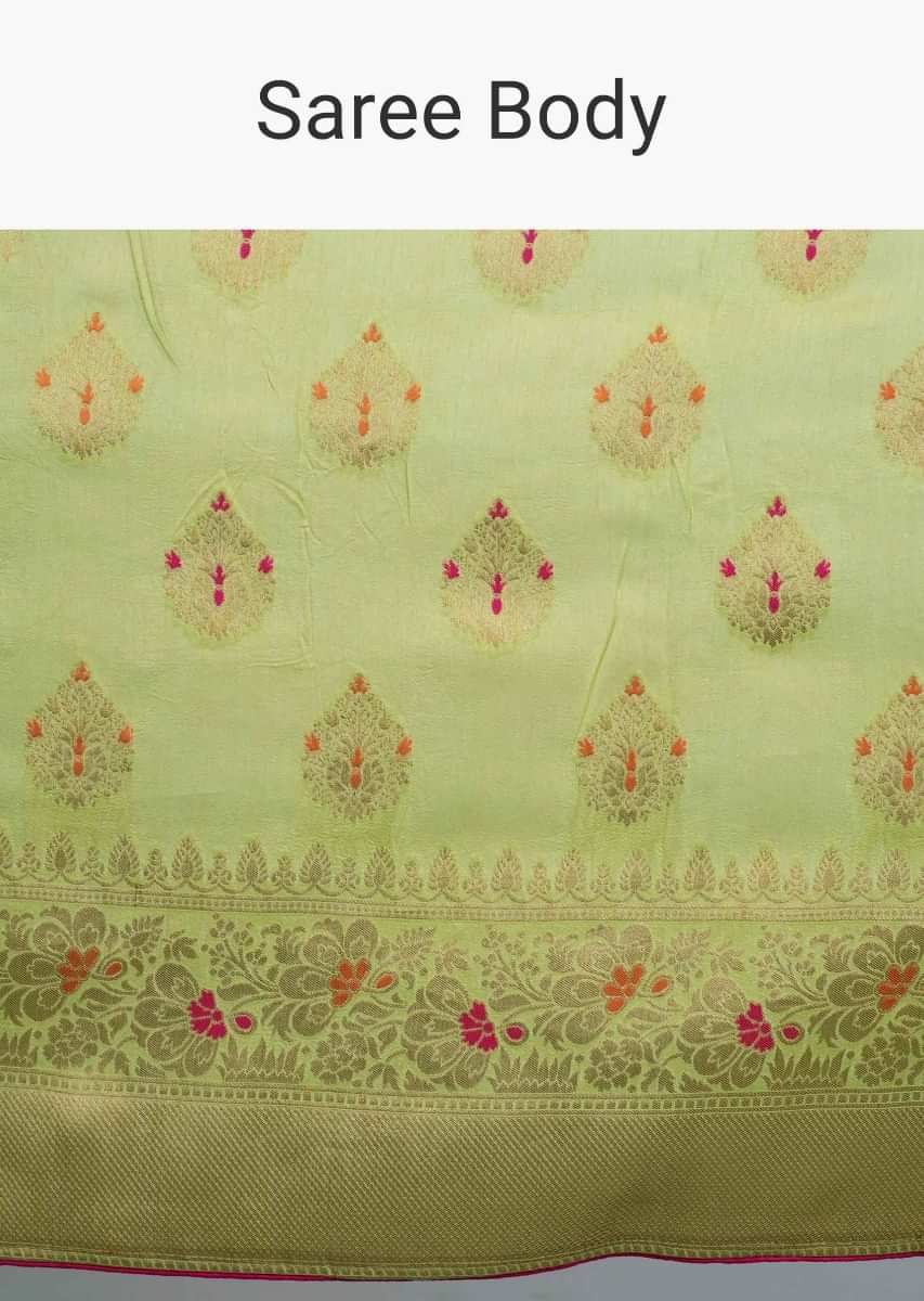 Pista green chanderi silk saree with weaved butti  only on Kalki