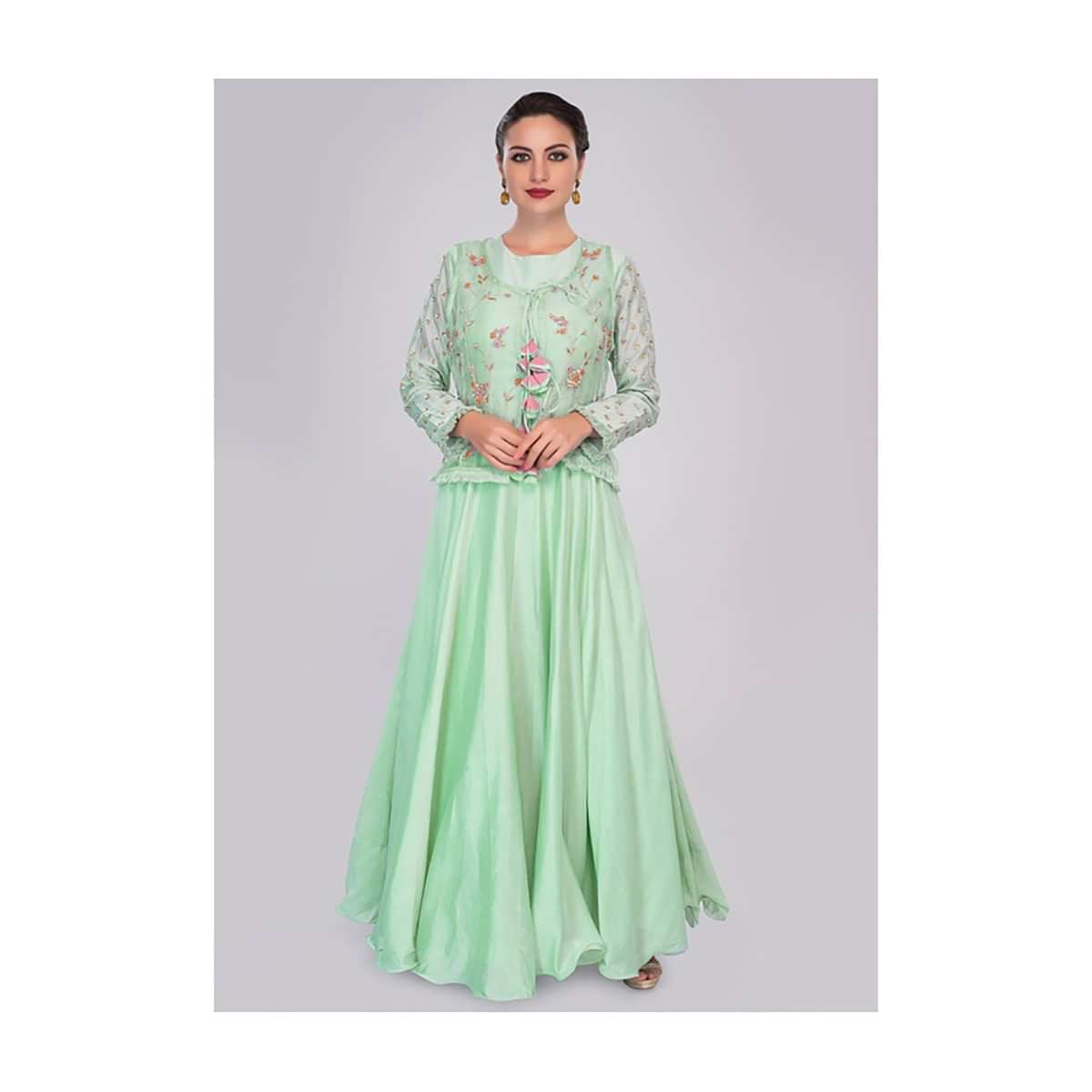 Pista green cotton anarkali dress styled with matching floral embroidered organza jacket only on Kalki